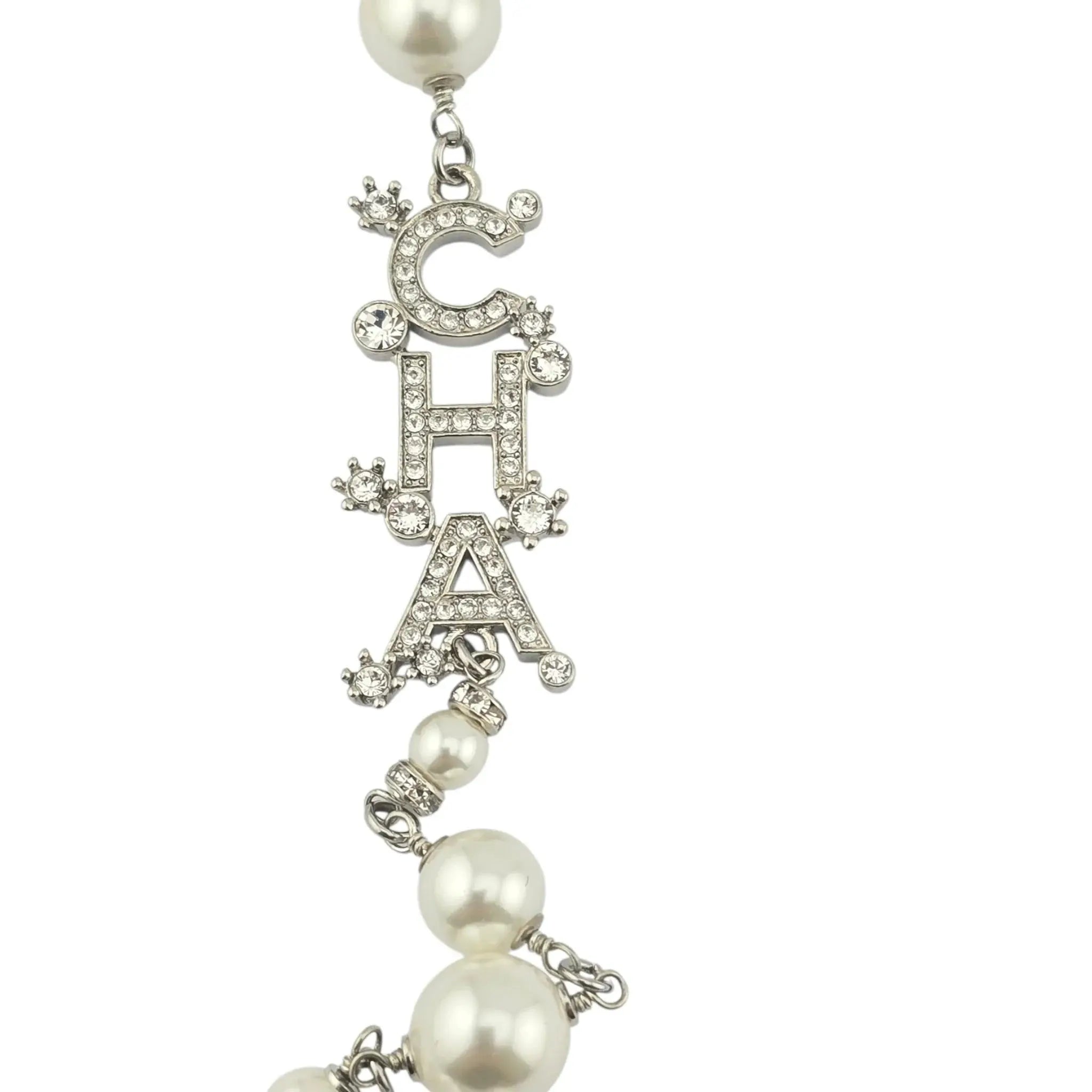 Chanel CC Silver Faux Pearl Logo Long Necklace 2023 CHANEL