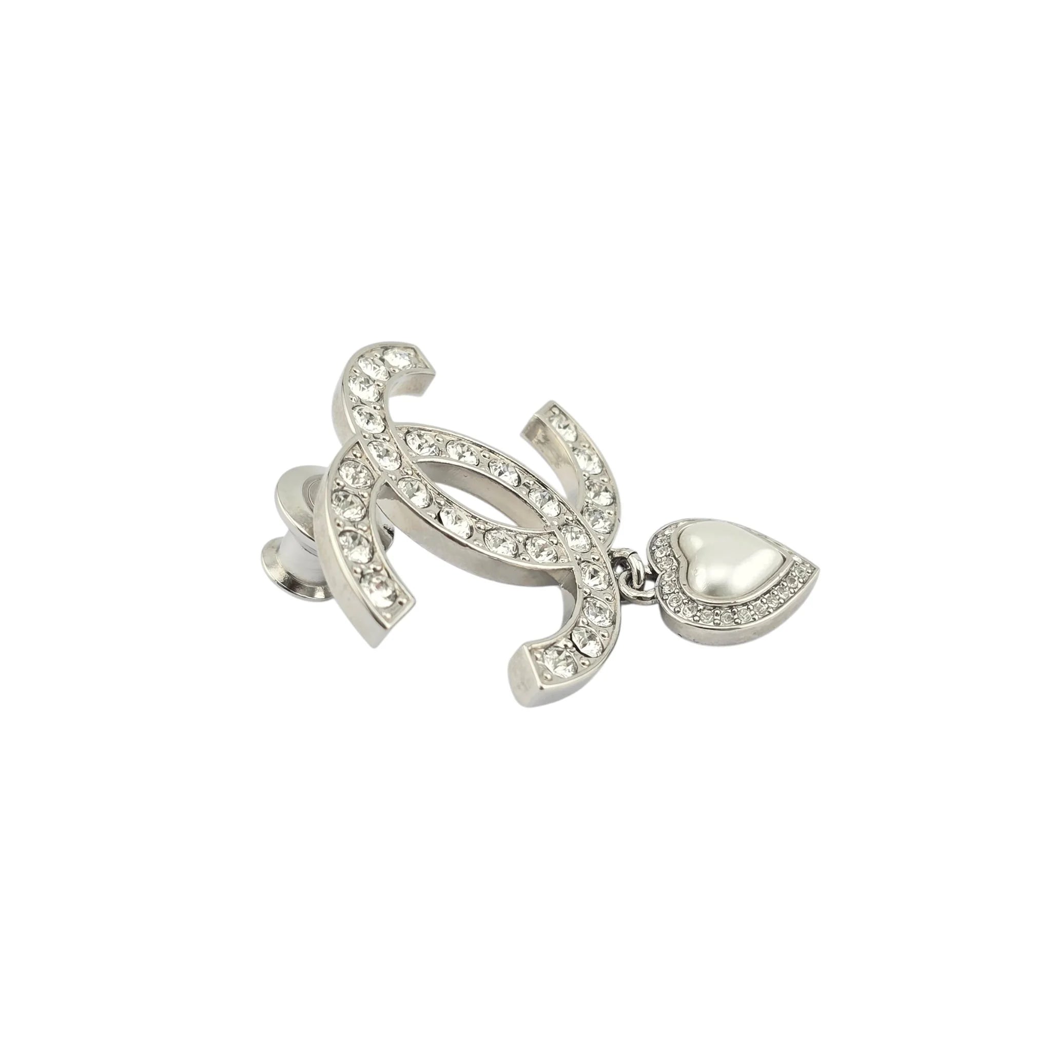 Chanel Crystal Pearl CC Heart Drop Brooch Silver B23 CHANEL