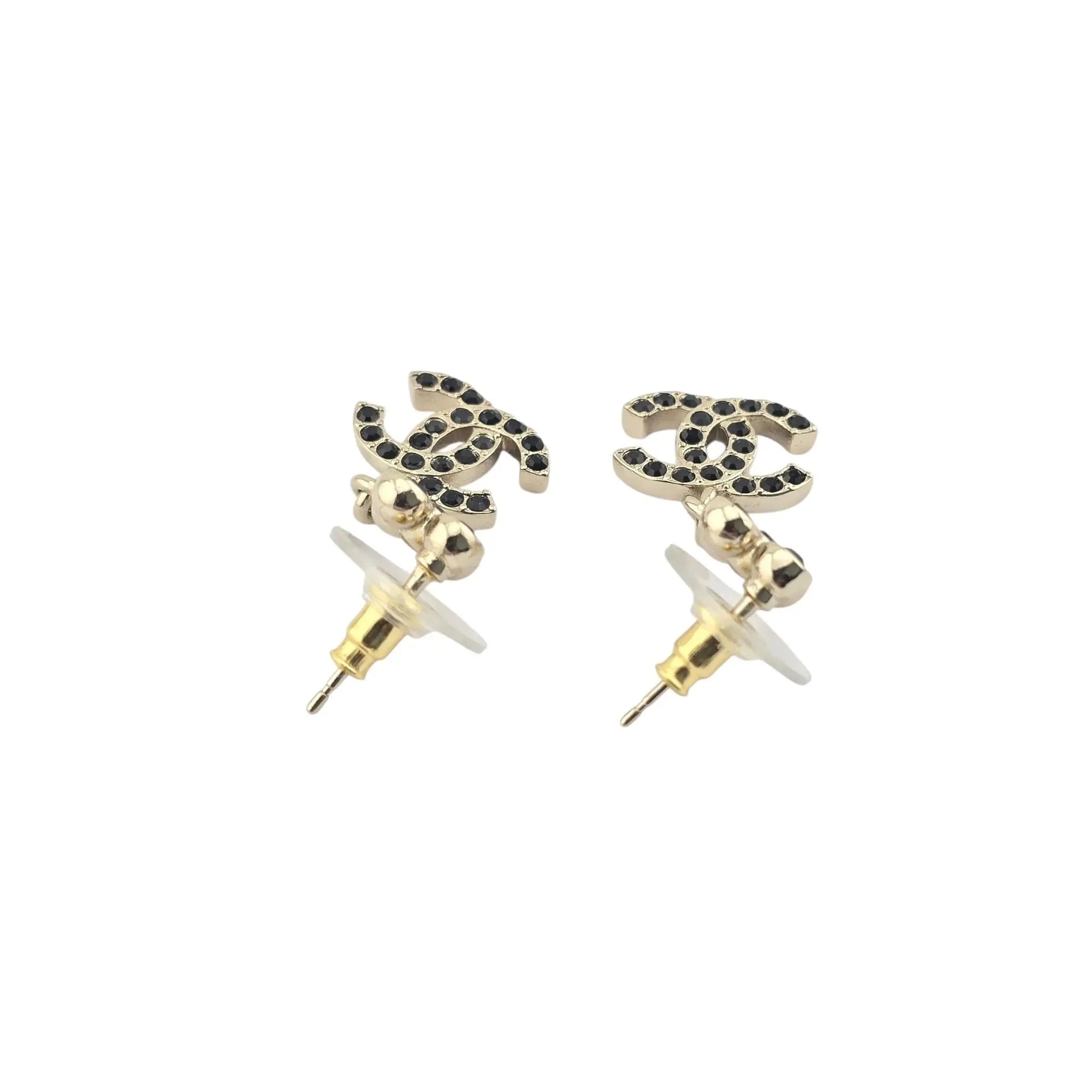 Chanel CC Crystal Drop Earrings Gold Black B23 CHANEL