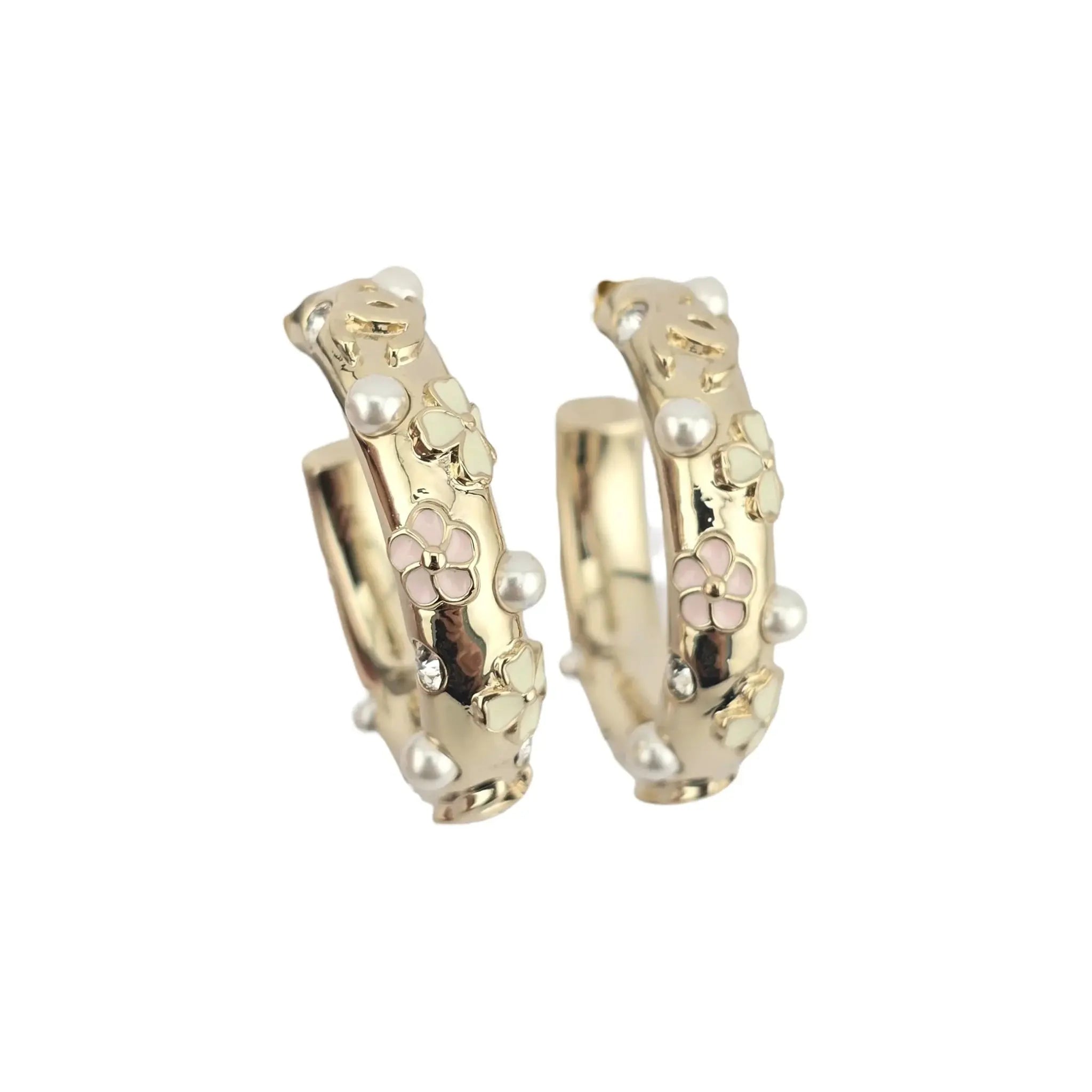 Chanel CC Pearl Clover Camellia Hoop Earrings B22 CHANEL