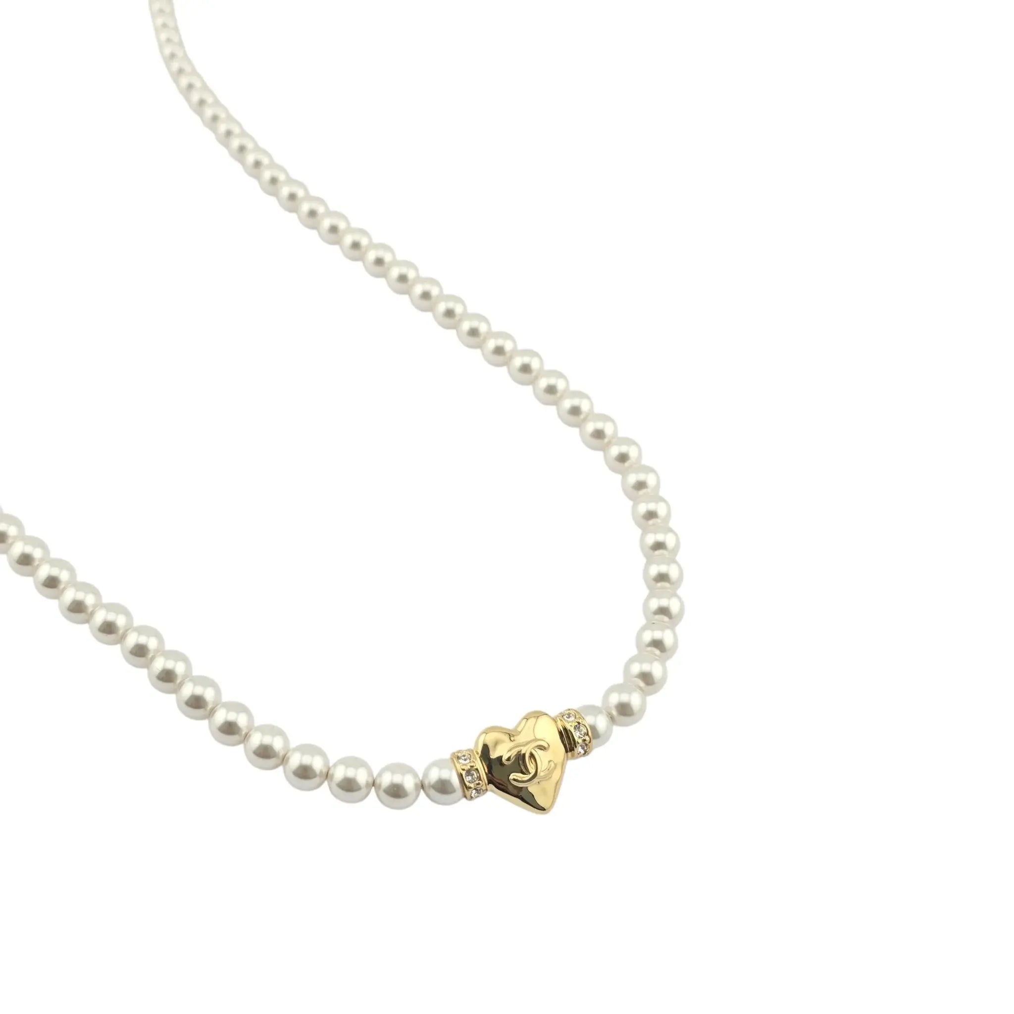Chanel CC Long Faux Pearl Gold Heart Necklace CHANEL