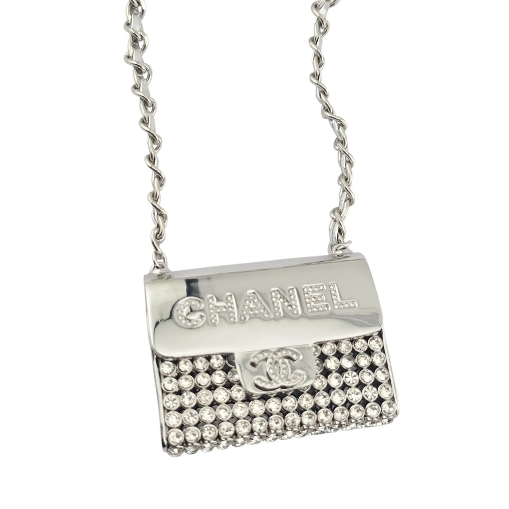 Chanel CC Metal Lambskin Strass Crystal Mini Bag Long Necklace Silver CHANEL