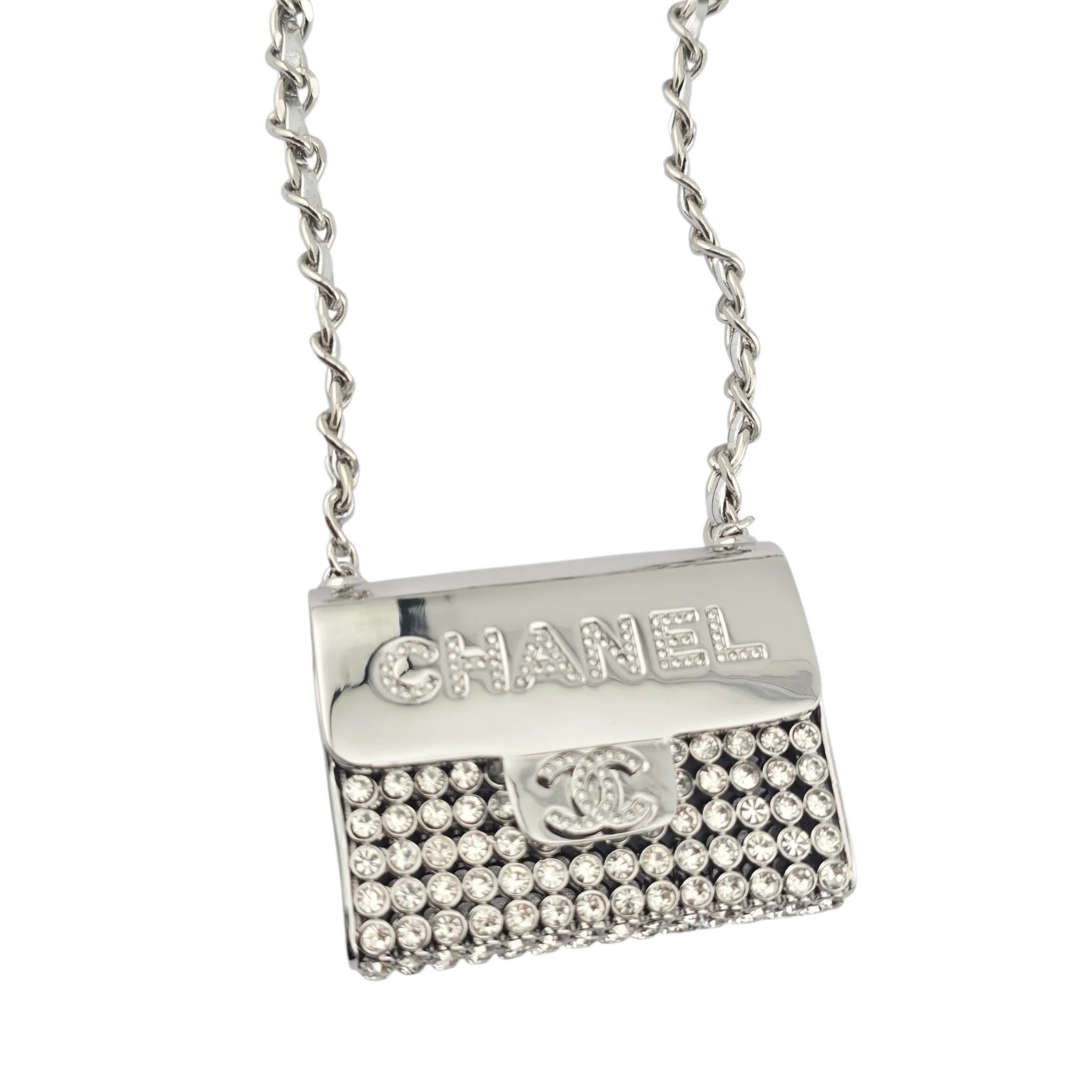 Chanel CC Metal Lambskin Strass Crystal Mini Bag Long Necklace Silver CHANEL
