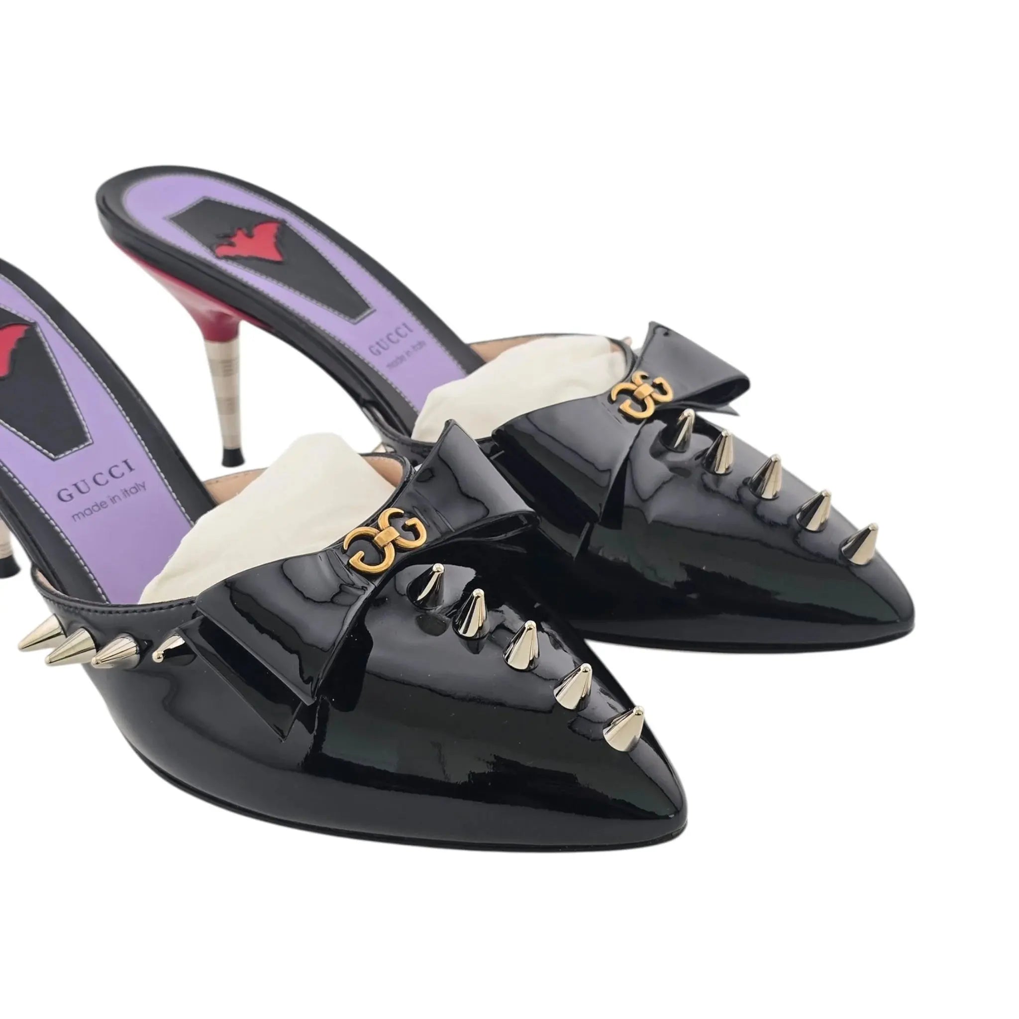 GUCCI Patent GG Bow Sadie Spike Mid Heel Mules 38.5 Black GUCCI