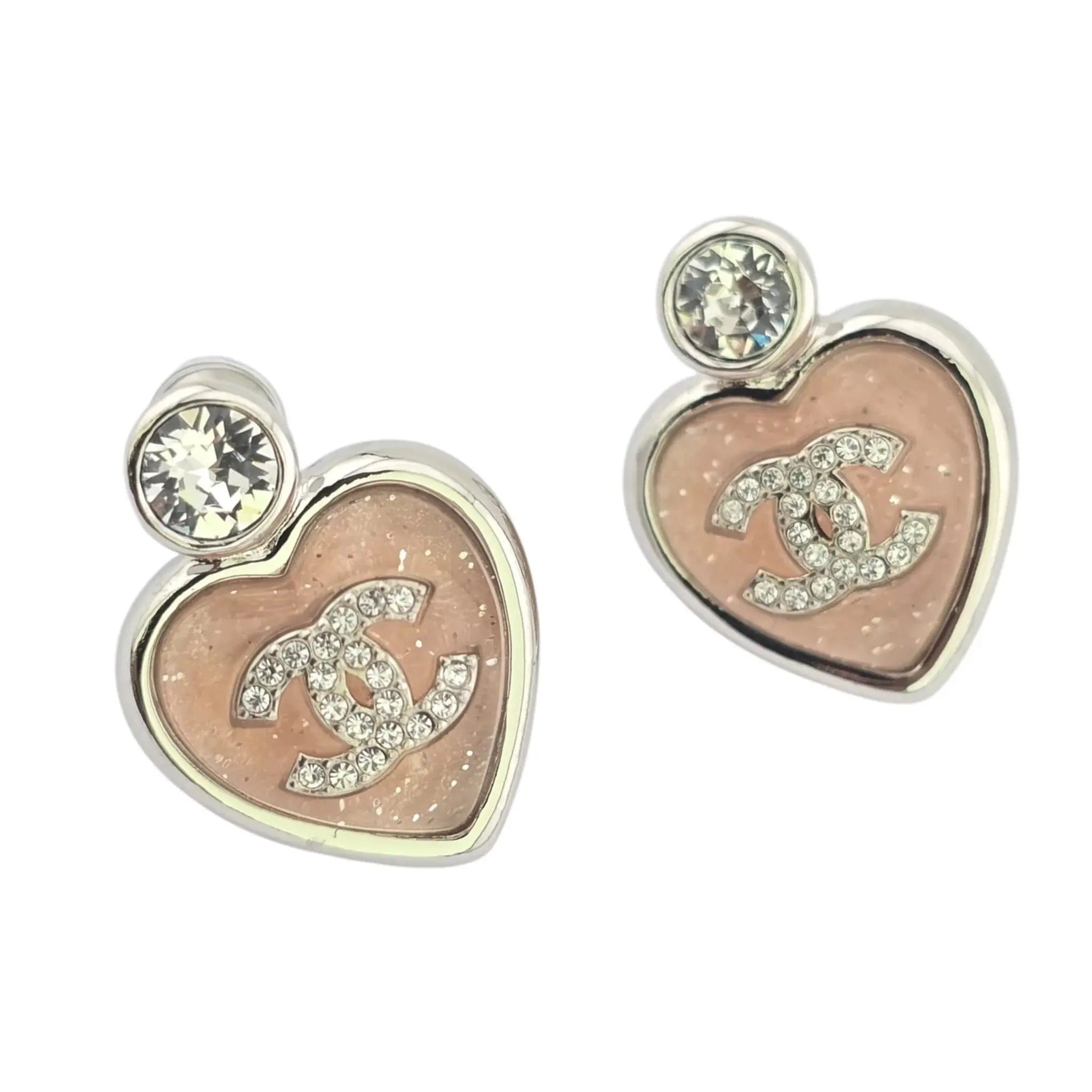 Chanel CC Pink Heart Silver Crystal Metal Earrings B25 CHANEL