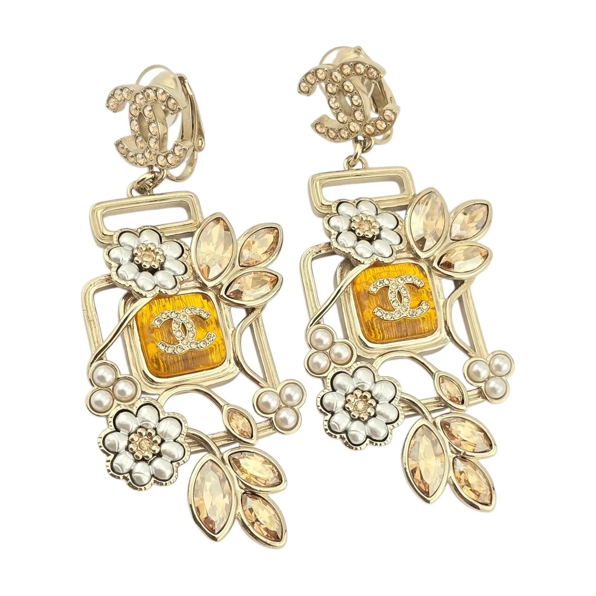 Chanel CC Floral Perfume Bottle Clip-On Earrings 2022 CHANEL