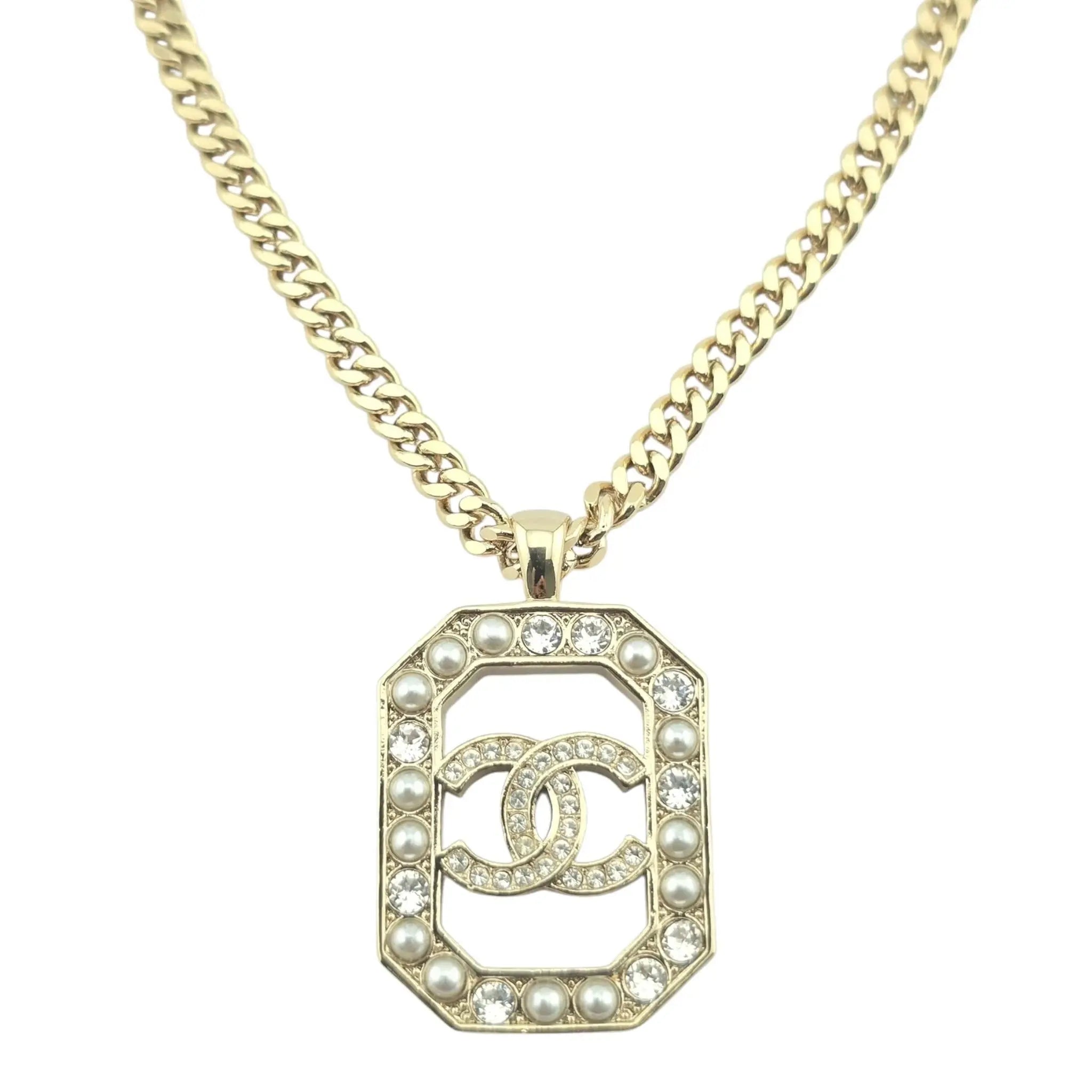 Chanel CC Crystal Pearl Square Pendant Necklace Gold 2023 CHANEL