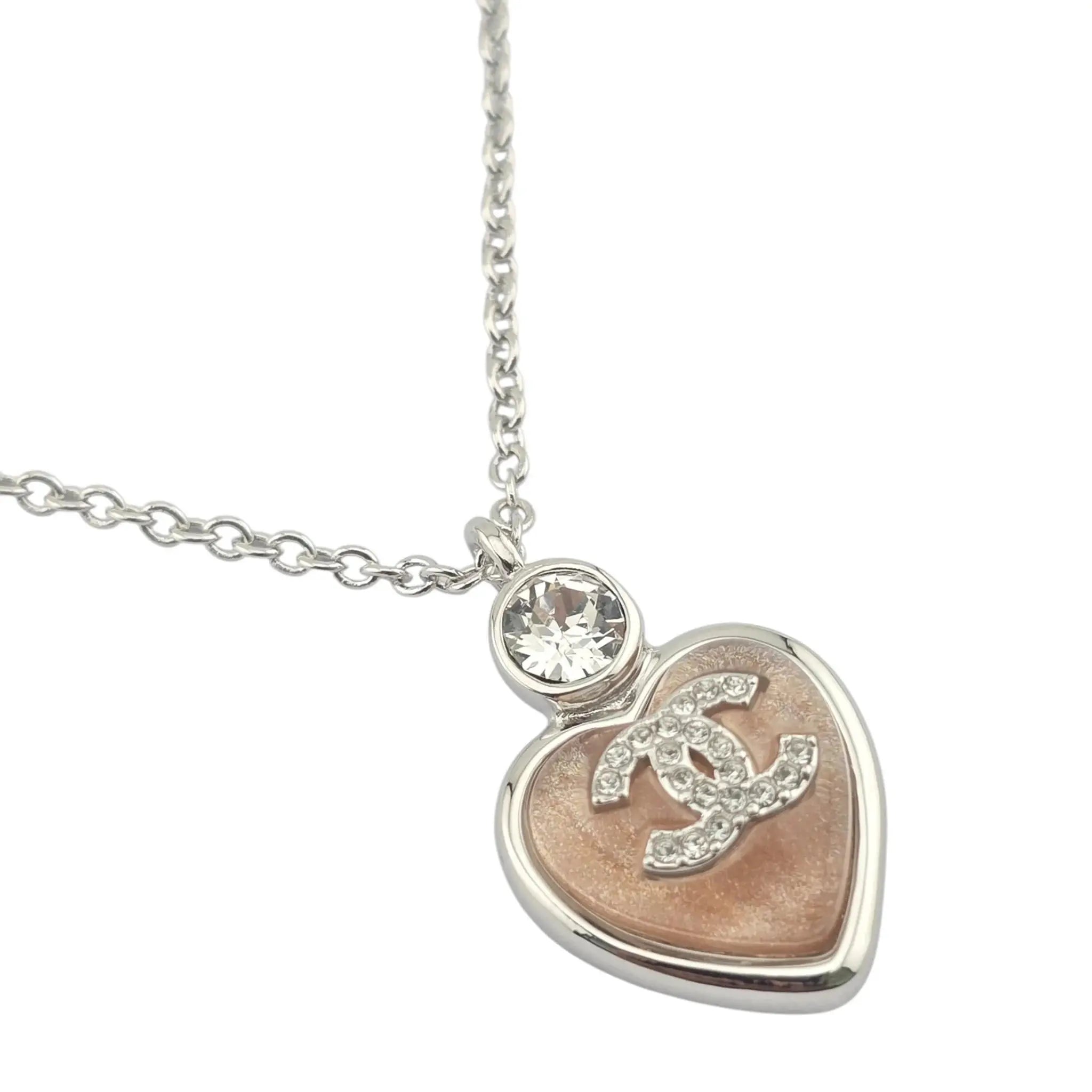 Chanel CC Pink Heart Silver Crystal Metal Necklace B25 CHANEL