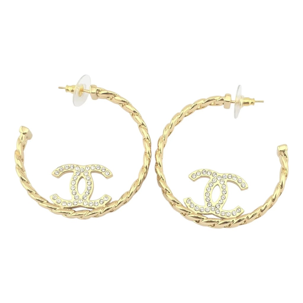 Chanel CC Crystal Hoop Earrings Gold CHANEL