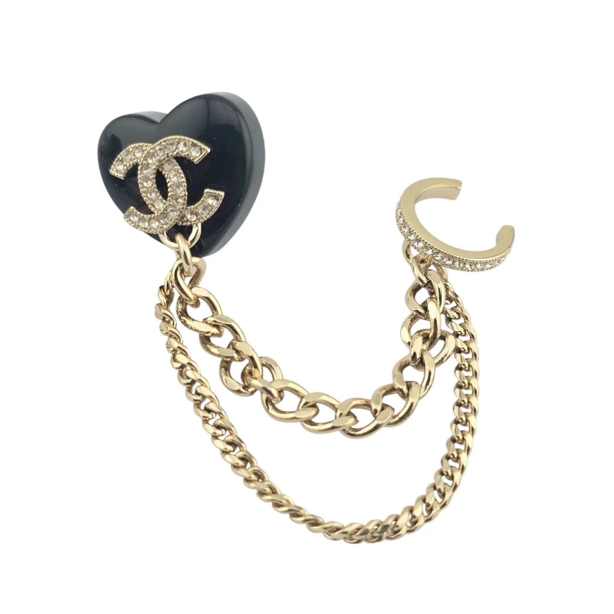 Chanel CC Resin Crystal Heart Chain Cuff Earrings Black Gold CHANEL