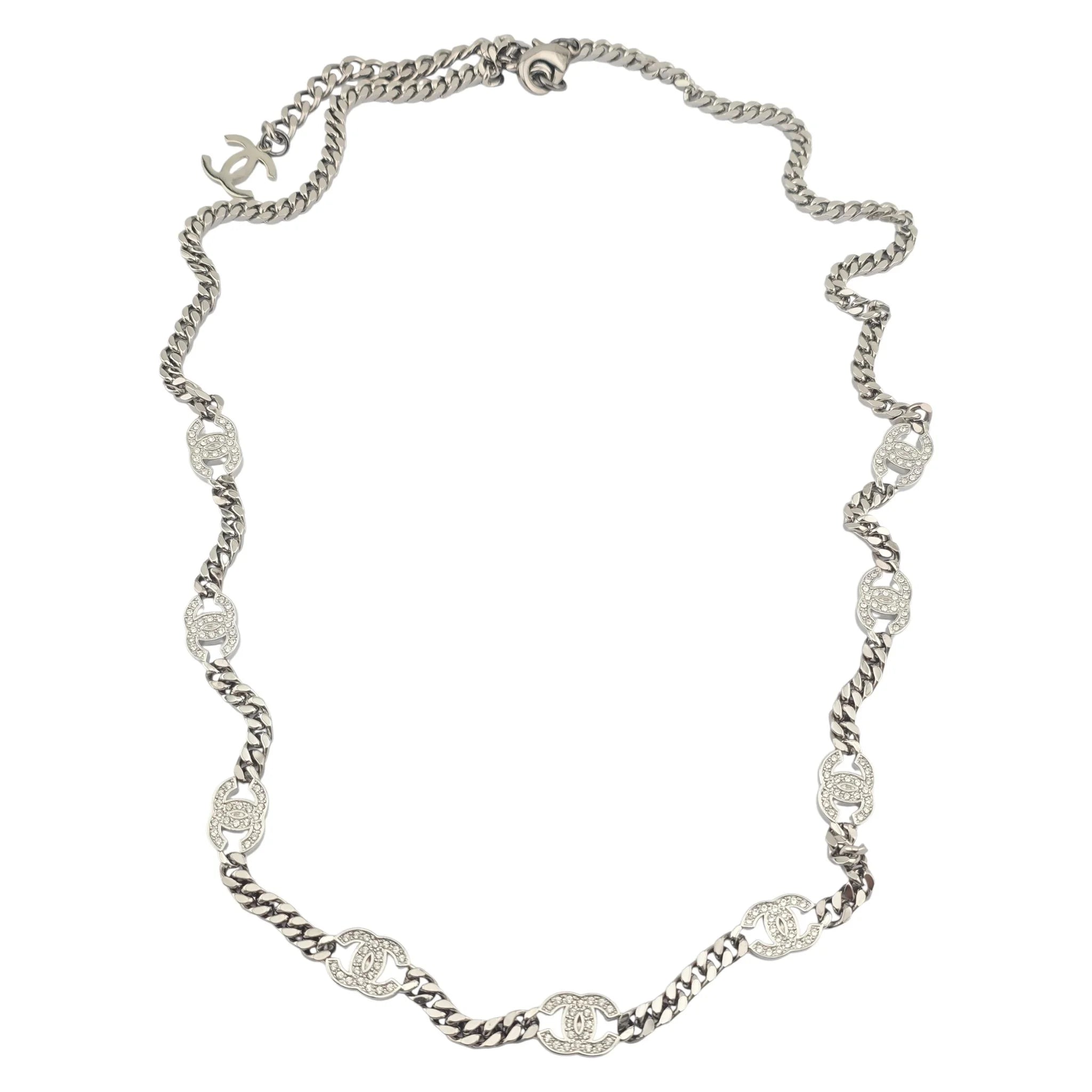 Chanel CC Ruthenium Crystal Chain Silver Long Necklace 2021 CHANEL