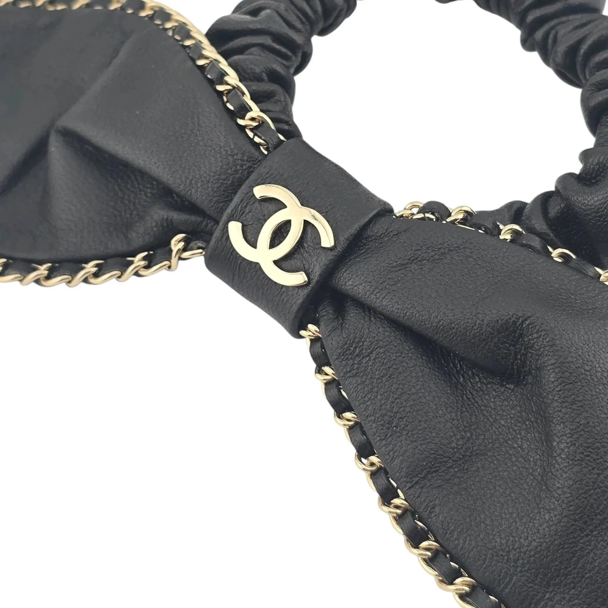 Chanel CC Lambskin Chain Hair Bow Tie Black Gold CHANEL