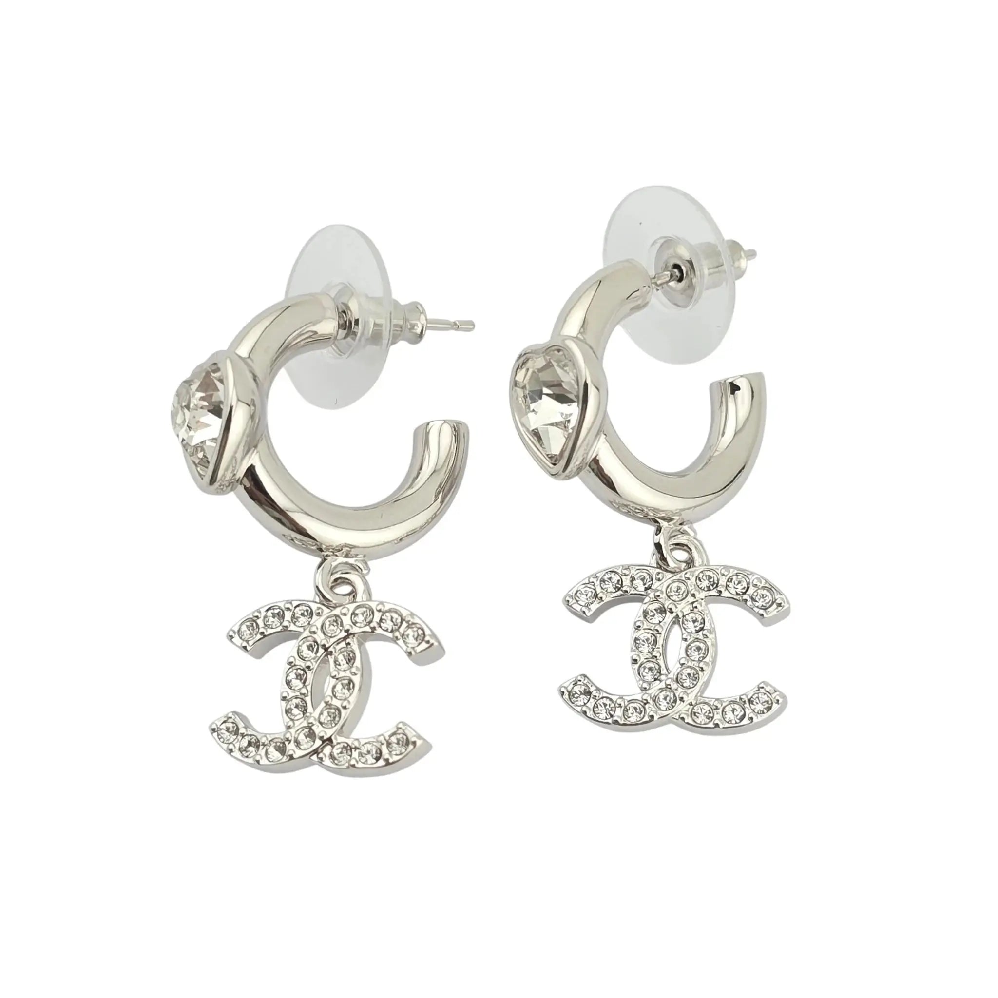 Chanel CC Crystal Heart Drop Silver Earrings 2025 CHANEL