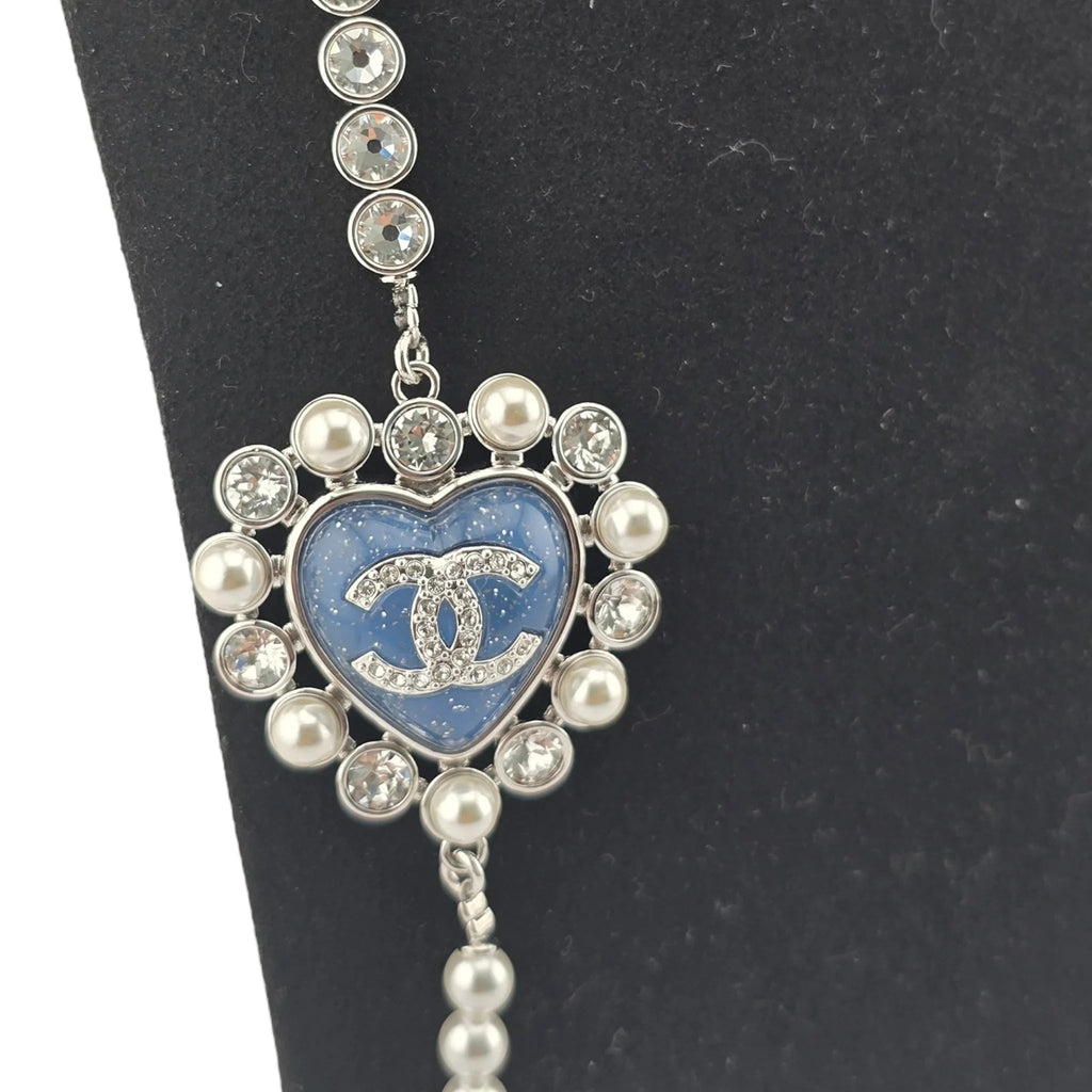 Chanel CC Long Faux Pearl Necklace Blue Heart 2025 CHANEL