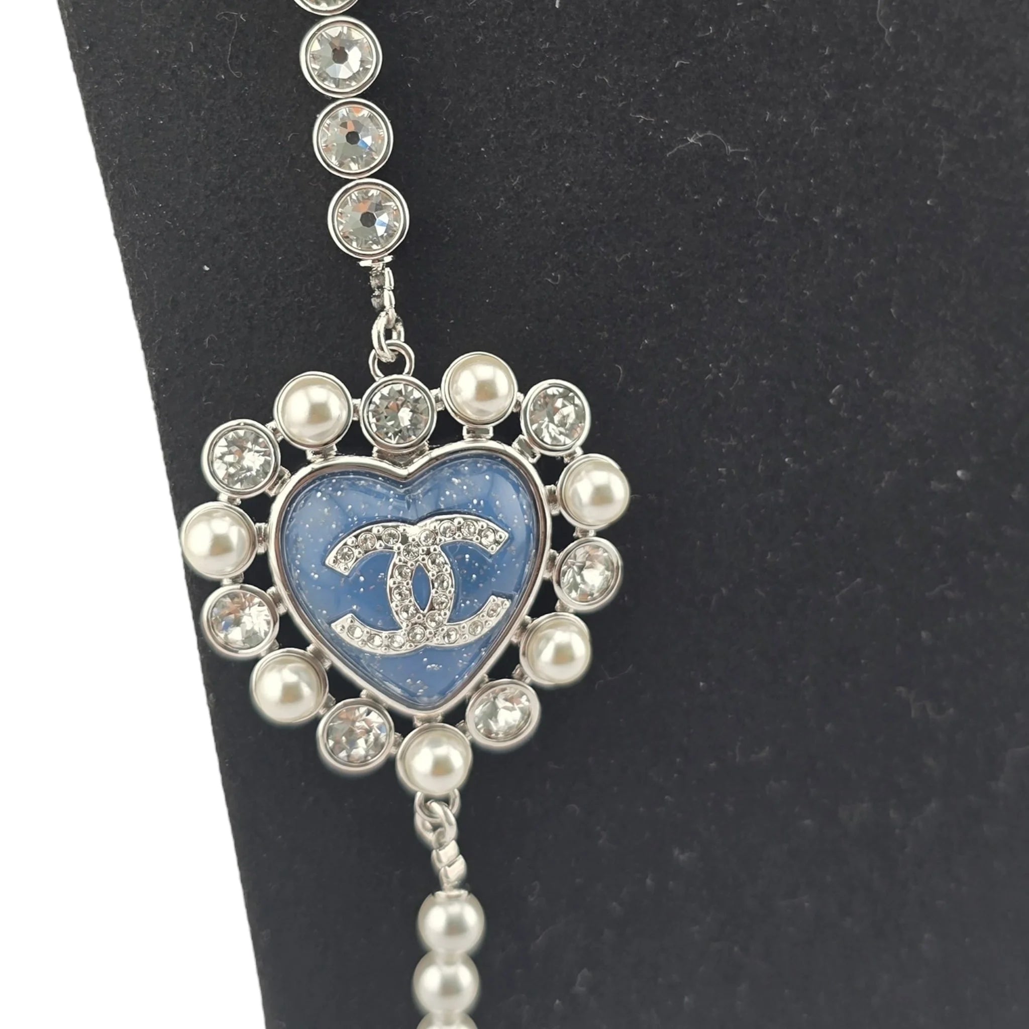 Chanel CC Long Faux Pearl Necklace Blue Heart 2025 CHANEL