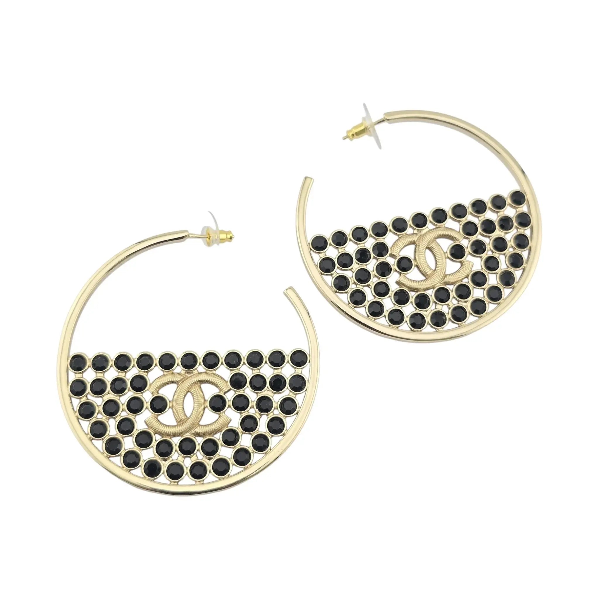 Chanel CC Black Crystal Gold Hoop Earrings SS23 CHANEL