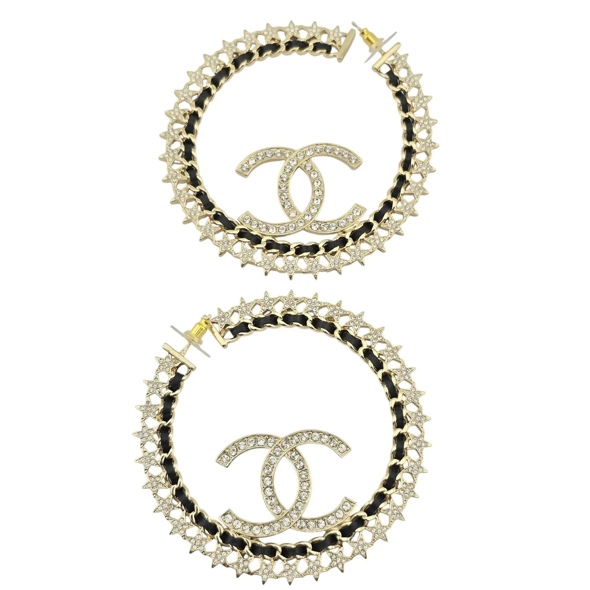 Chanel CC Large Hoop Earrings Crystal/Leather CHANEL