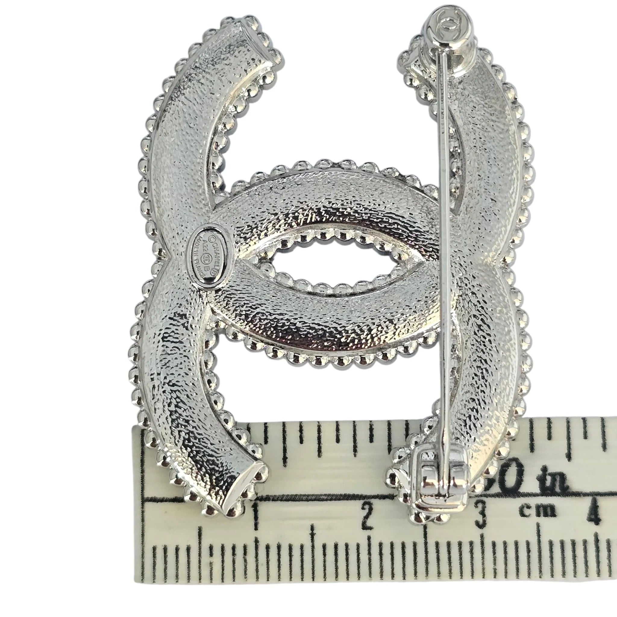 Chanel CC Crystal Leather Silver Tone Pin Brooch 2022 CHANEL