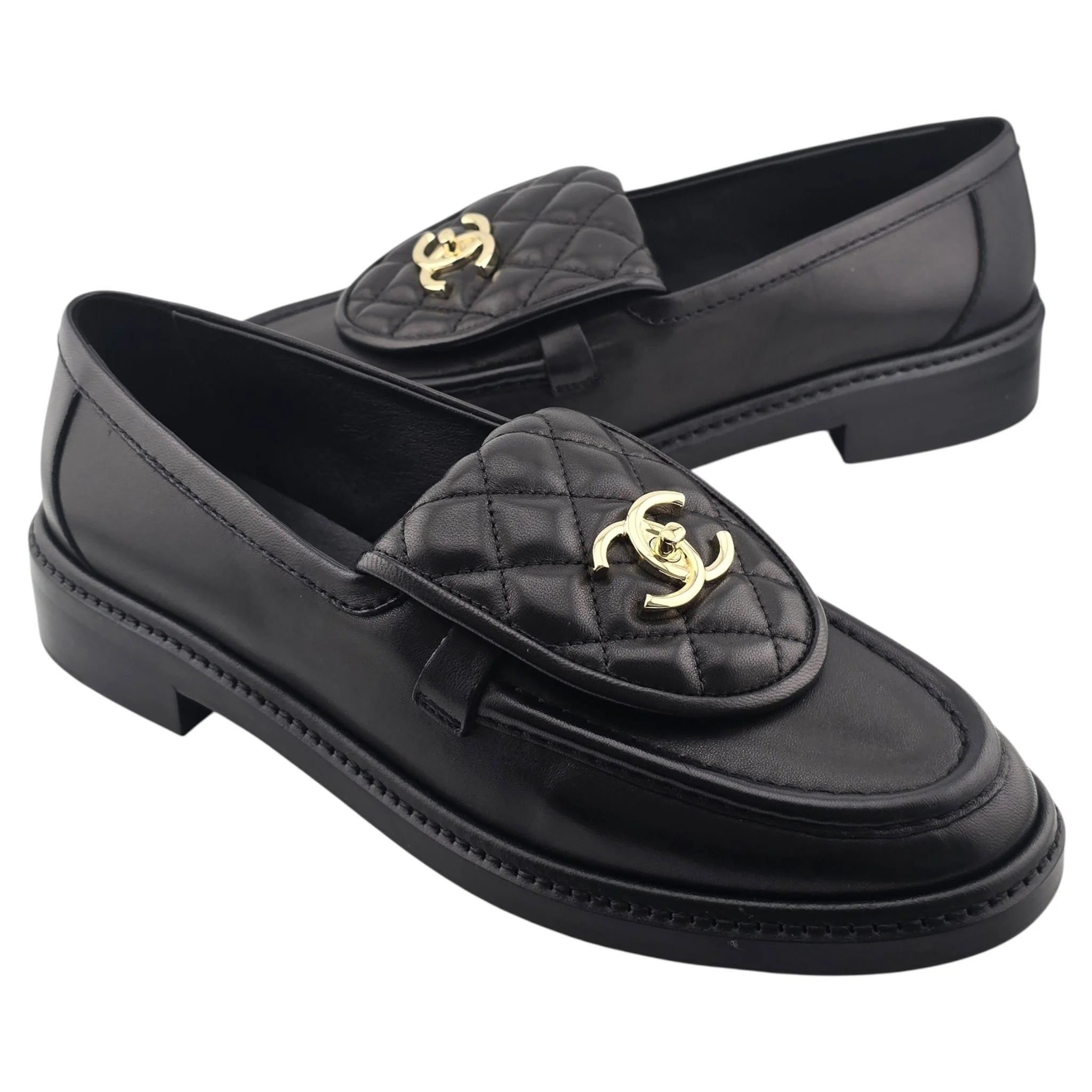 Chanel CC Lambskin Quilted Turnlock Loafers 39 Black CHANEL