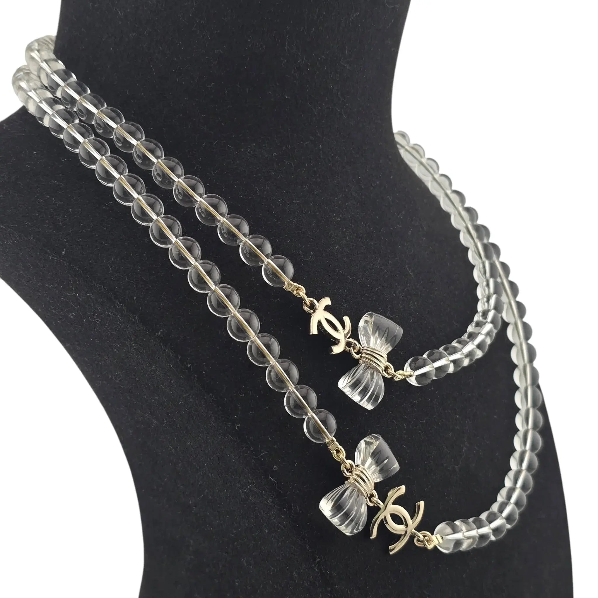 Chanel CC Clear Bead Long Bow Necklace 2025 CHANEL