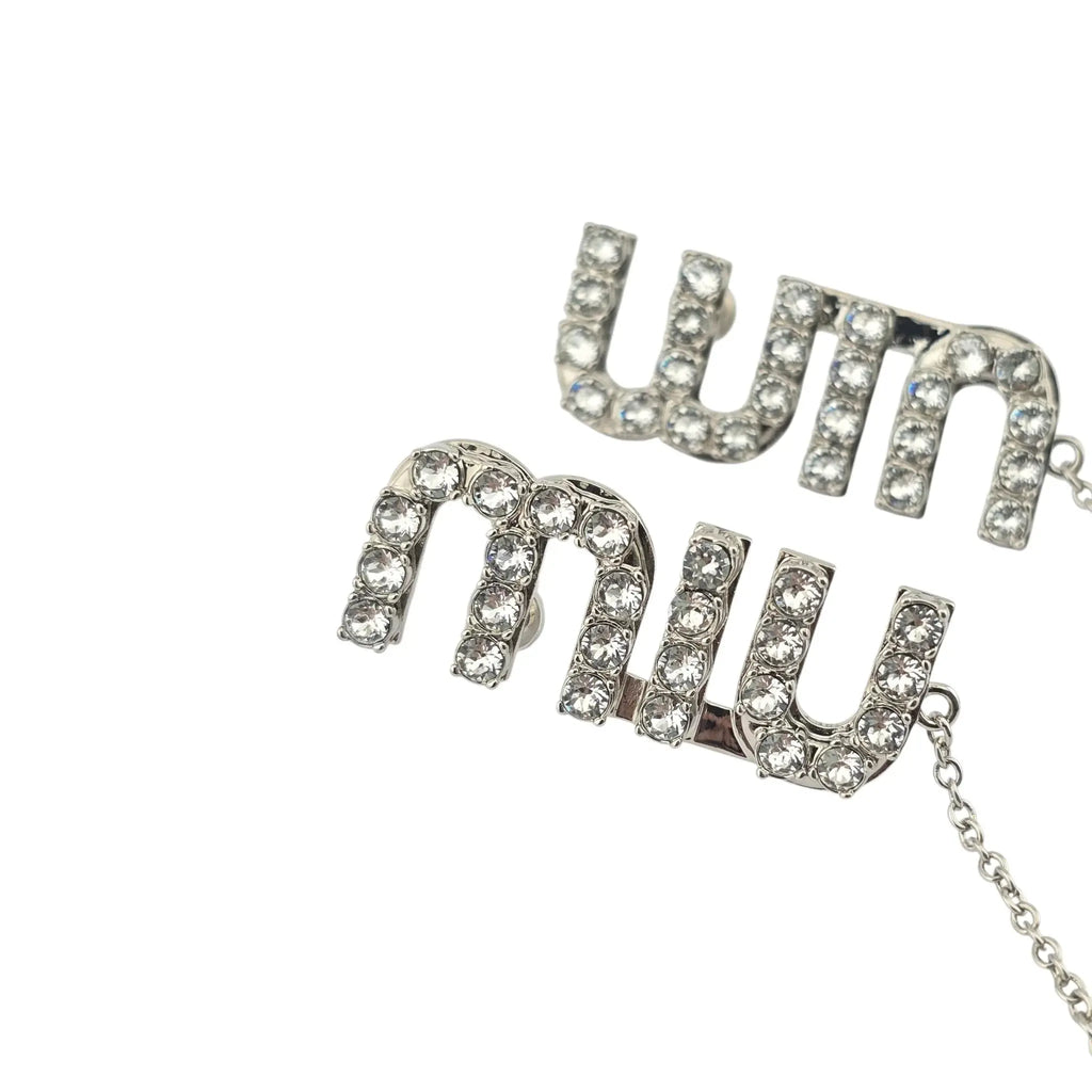 Miu Miu Logo Silver Crystal Drop Earrings MIU MIU