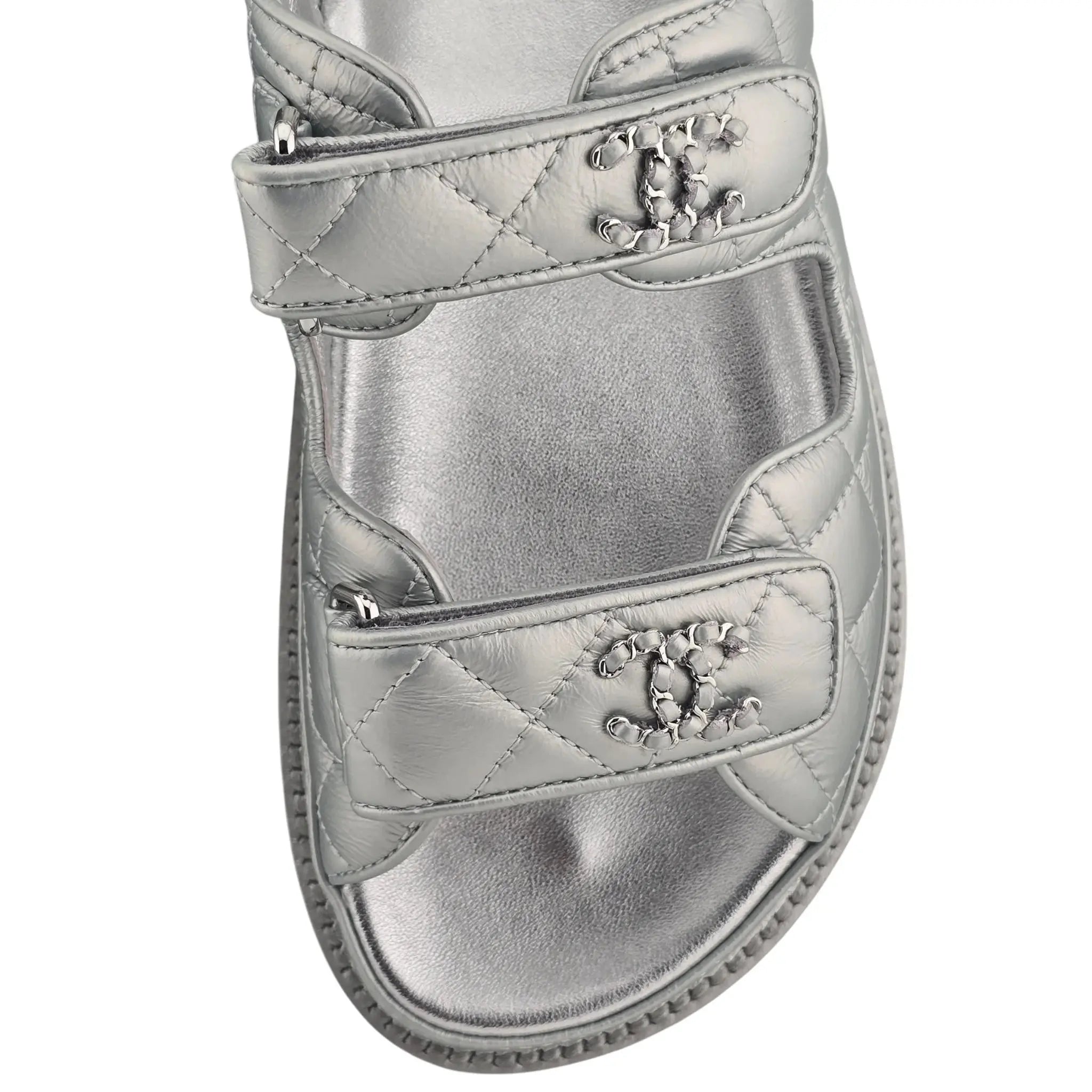 Chanel CC Silver Metallic Leather Dad Sandals CHANEL