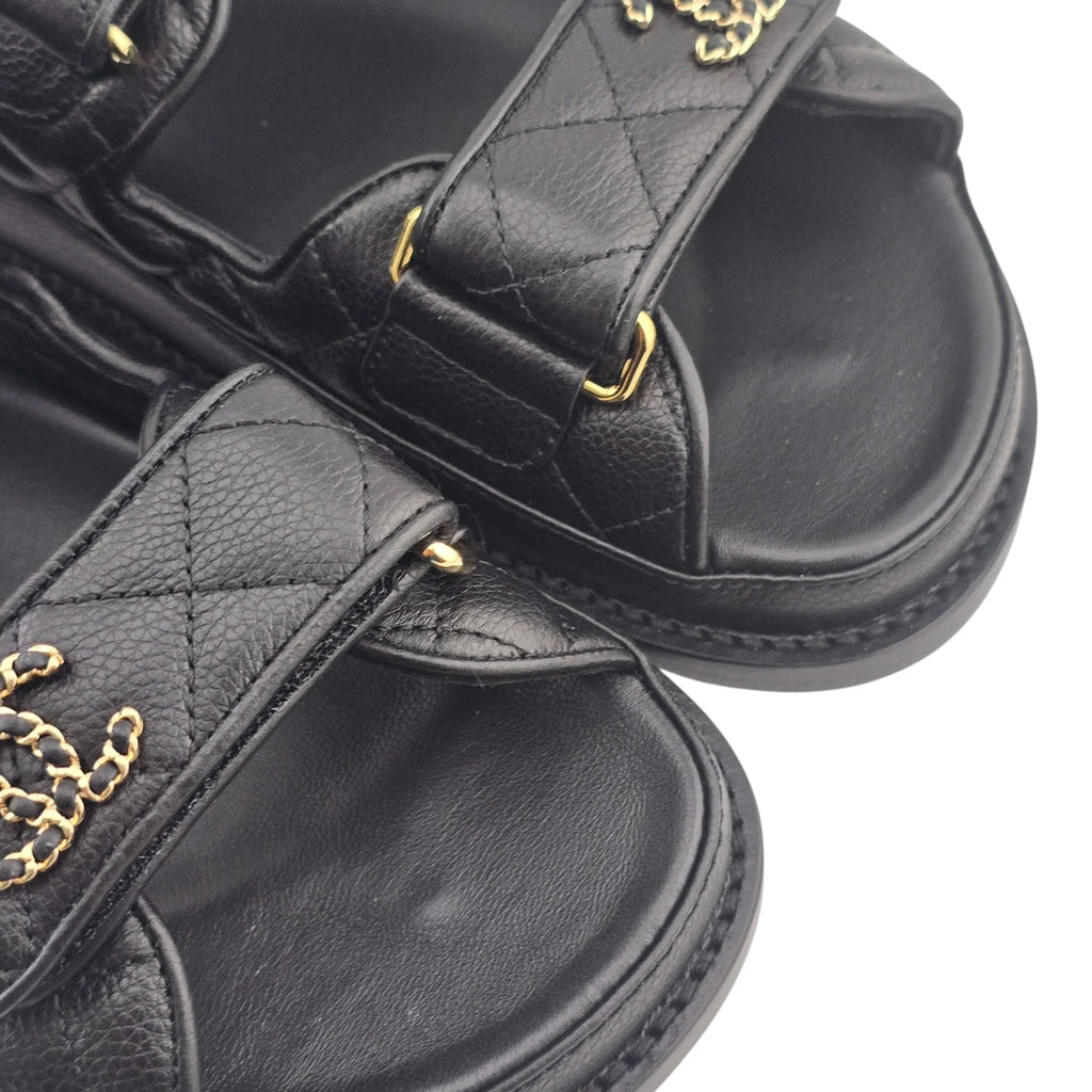 Chanel CC Quilted Caviar Leather Black Dad Sandals CHANEL