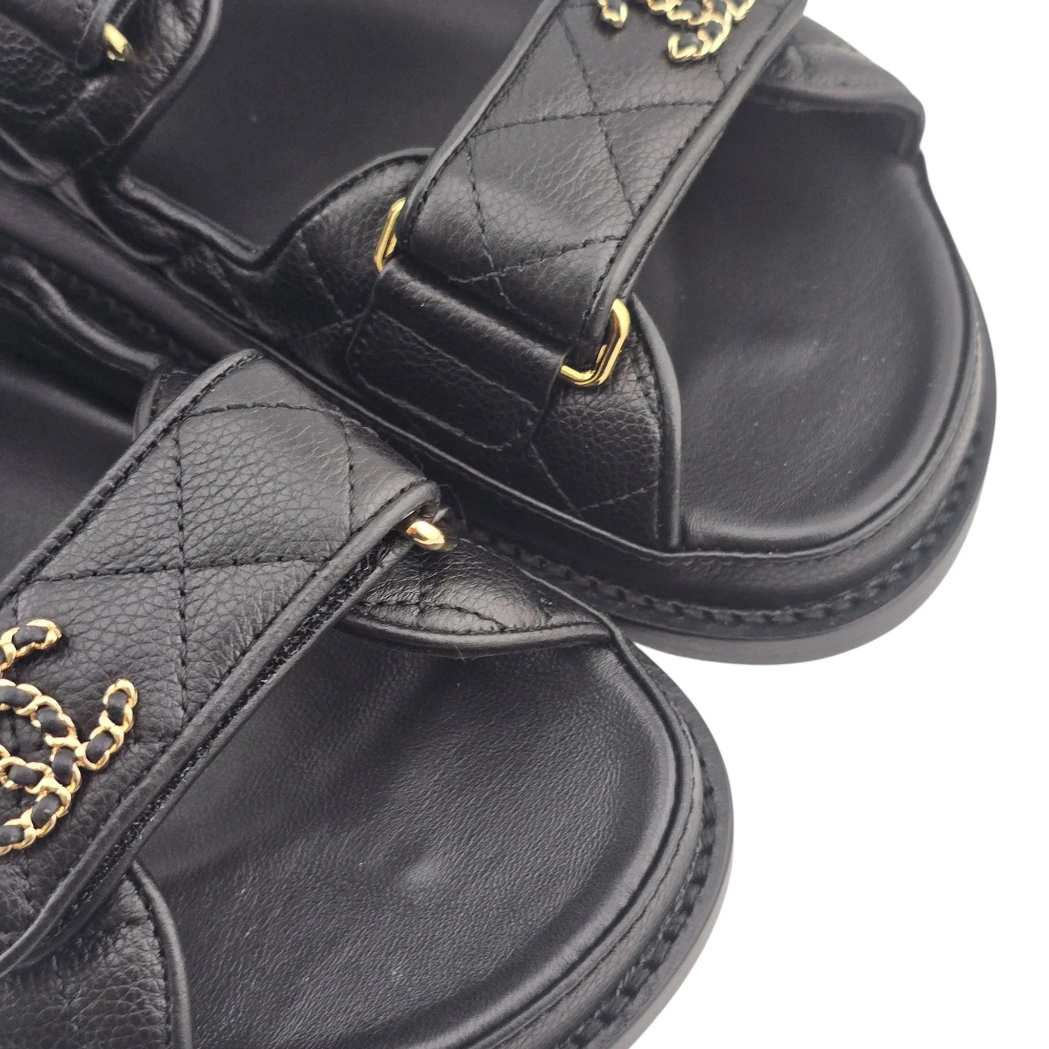 Chanel CC Quilted Caviar Leather Black Dad Sandals CHANEL