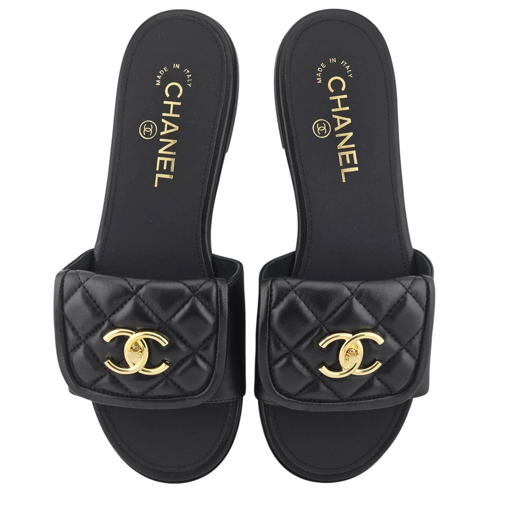 Chanel CC  Lambskin Quilted Turnlock Black Gold Sandals 39 CHANEL