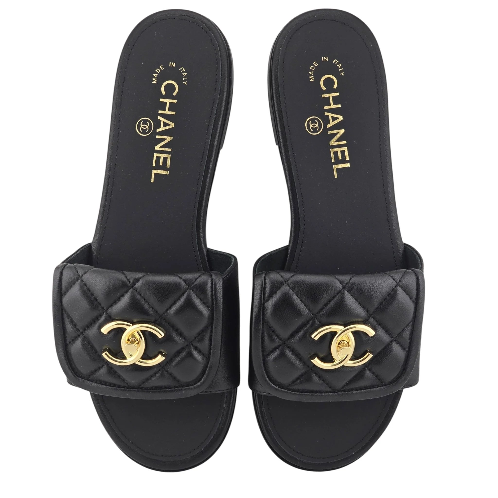 Chanel CC  Lambskin Quilted Turnlock Black Gold Sandals 39 CHANEL