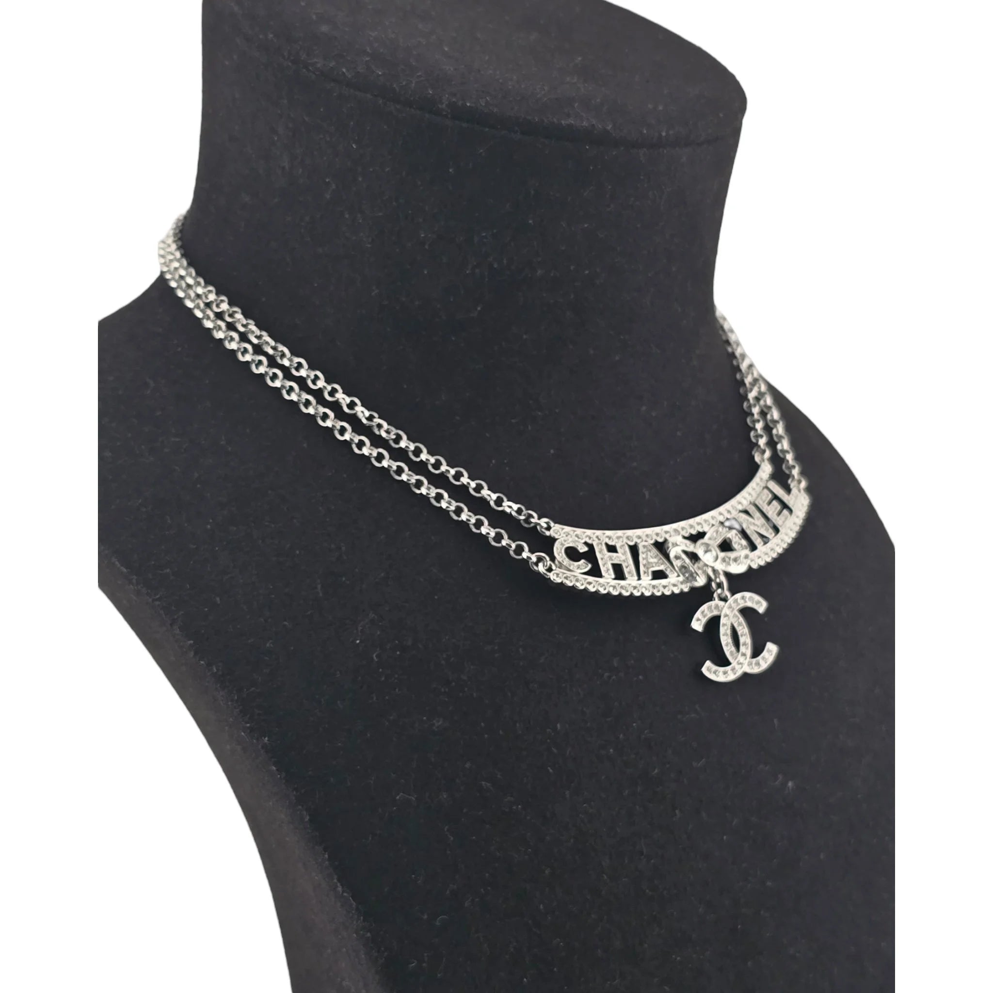 Chanel CC Silver Crystal Pendant Choker Necklace 2022 CHANEL