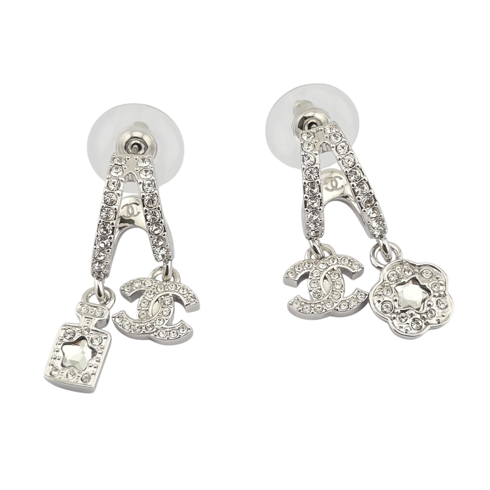 Chanel CC Silver Crystal Hoop Pendant Earrings 2025 CHANEL