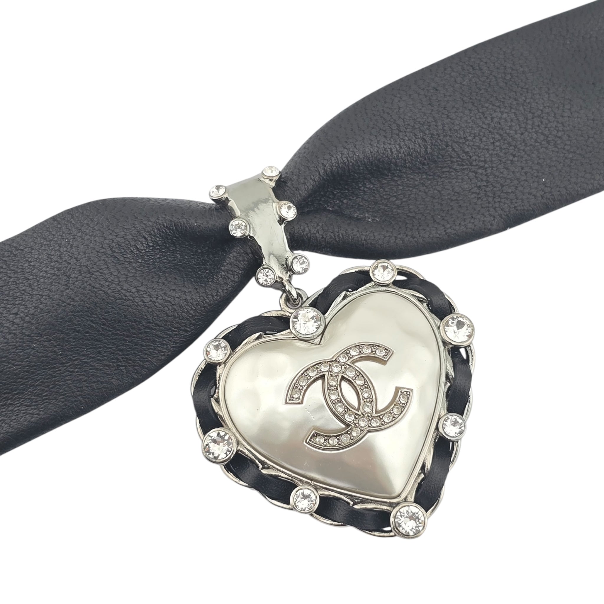 Chanel CC Lambskin Crystal Heart Choker Ruthenium Black CHANEL