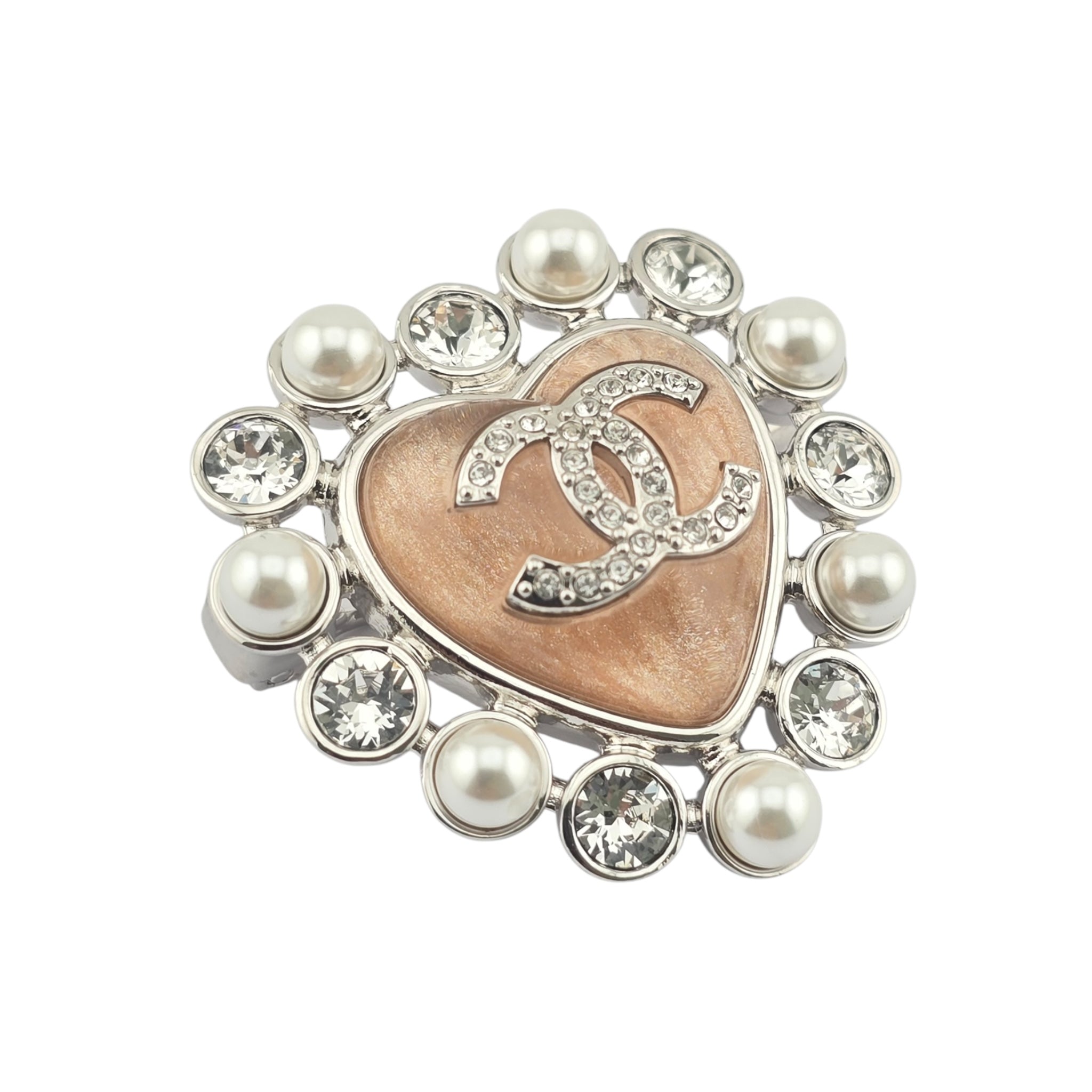 Chanel CC Silver Pink Heart Crystal Faux Pearl Brooch 2025 CHANEL