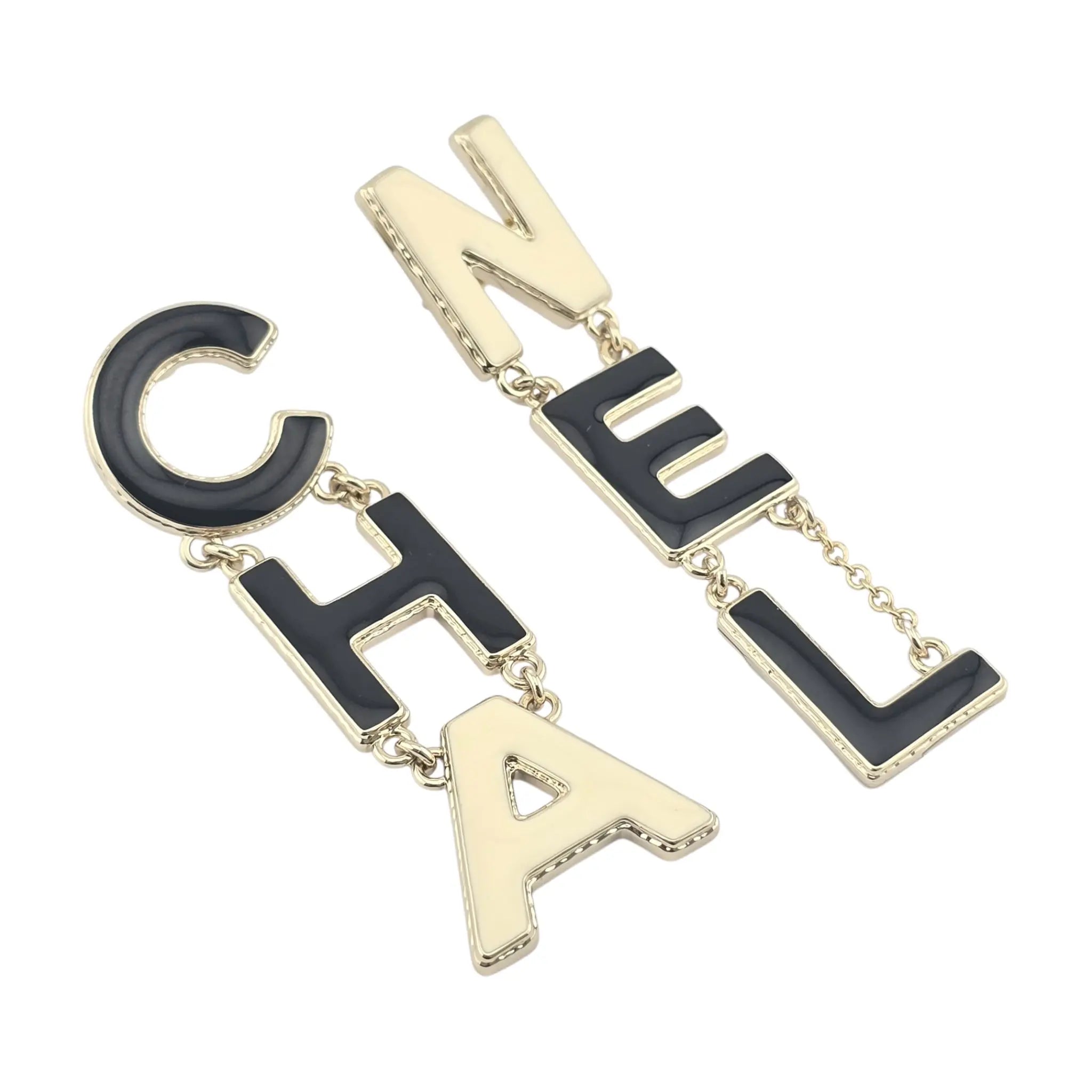 Chanel Metal Enamel Cha-Nel Logo Drop Earrings Black White CHANEL