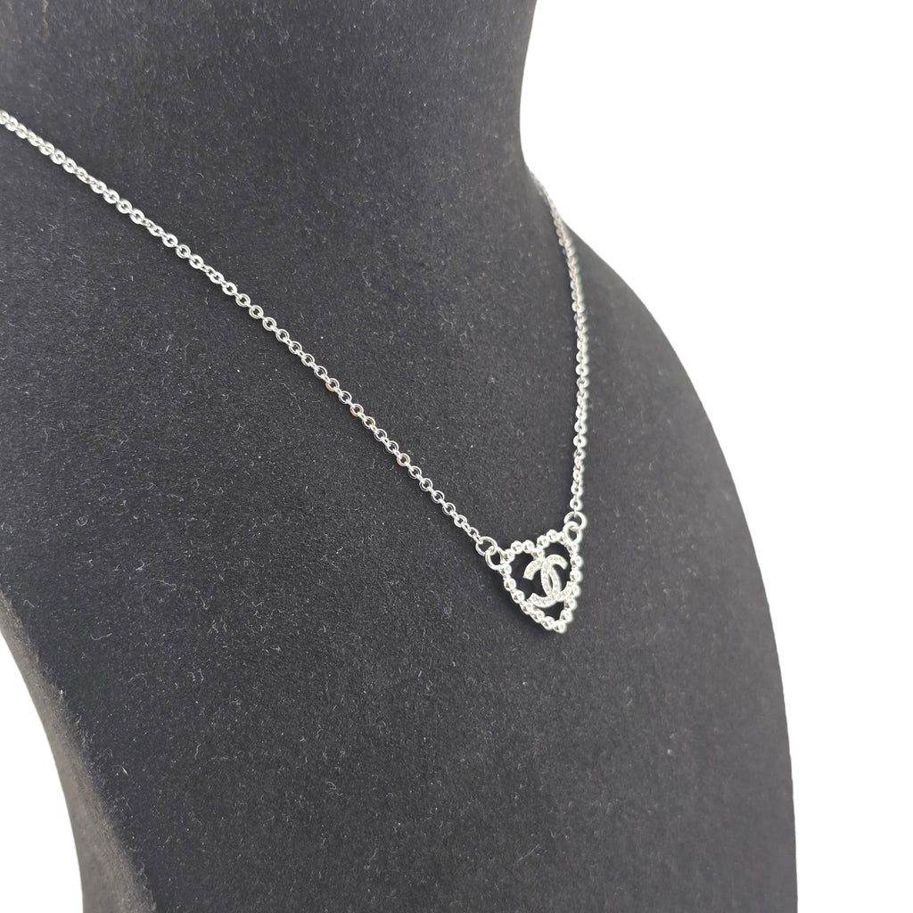 Chanel CC Crystal Heart Silver Necklace