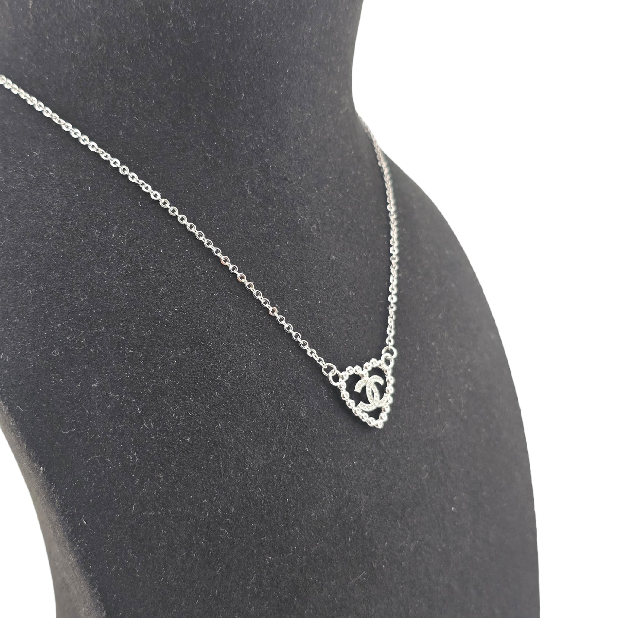 Chanel CC Crystal Heart Silver Necklace