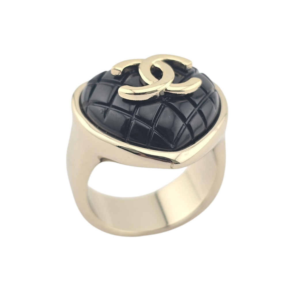 Chanel CC Resin Quilted Heart Ring Gold Black CHANEL