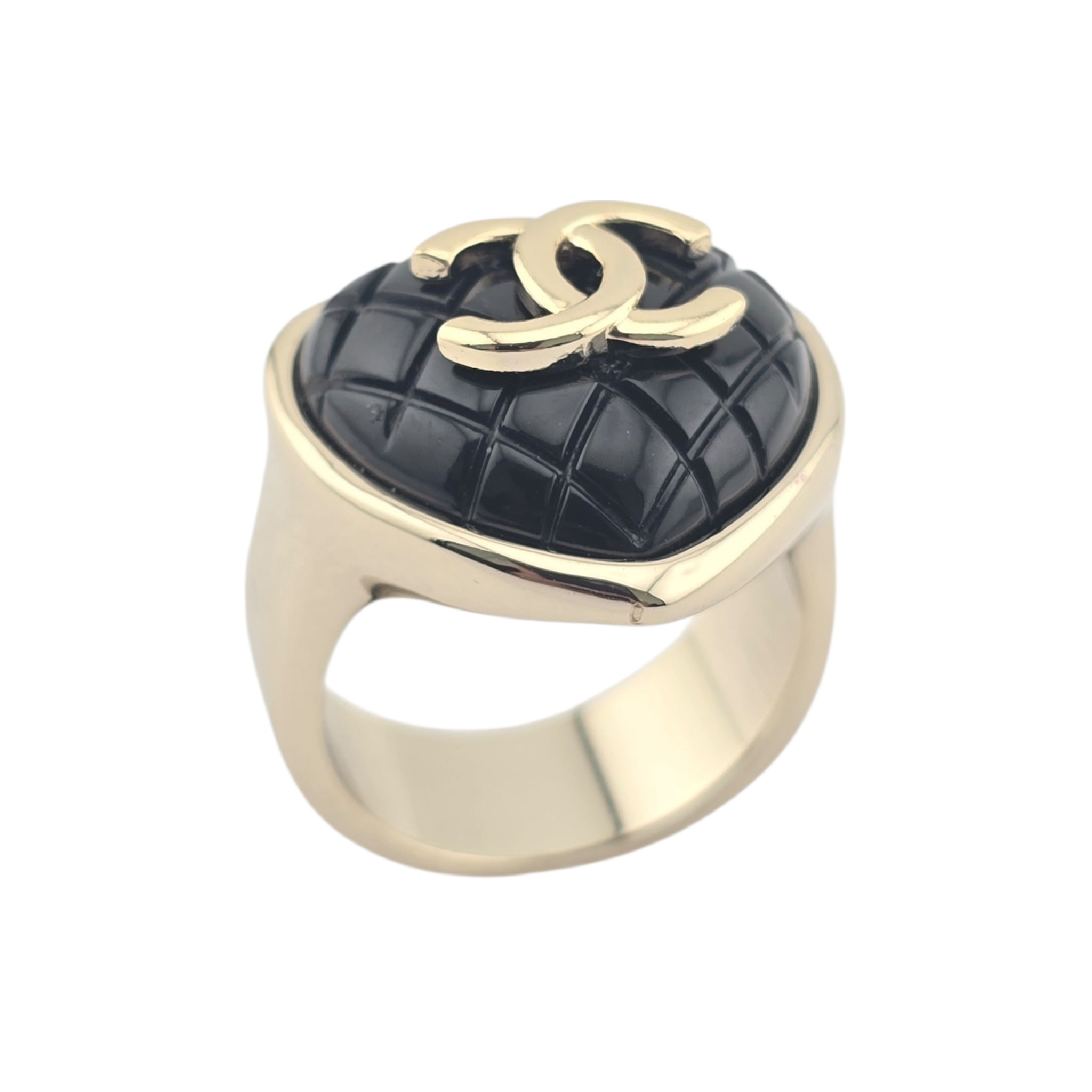 Chanel CC Resin Quilted Heart Ring Gold Black CHANEL