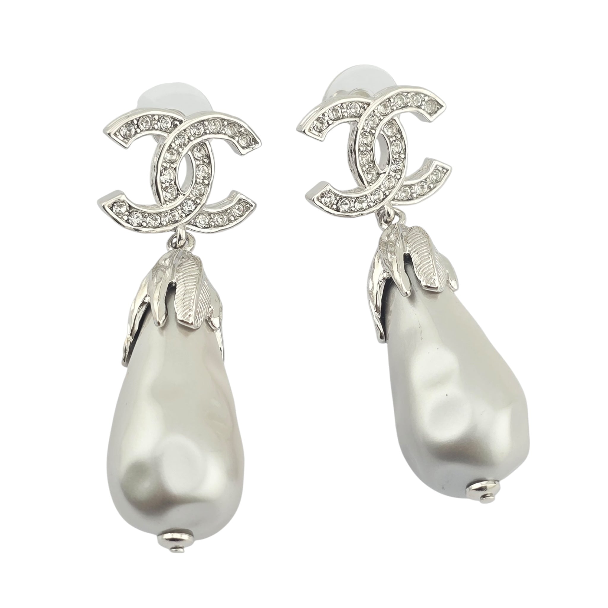 Chanel CC Faux Pearl Silver Leaf Earrings 2025 CHANEL