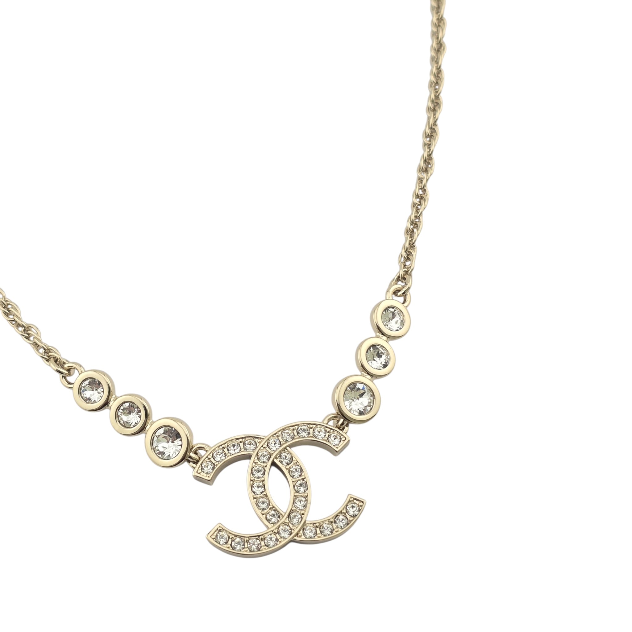 Chanel CC Metal Crystal Link Pendant Necklace Gold 2025 CHANEL