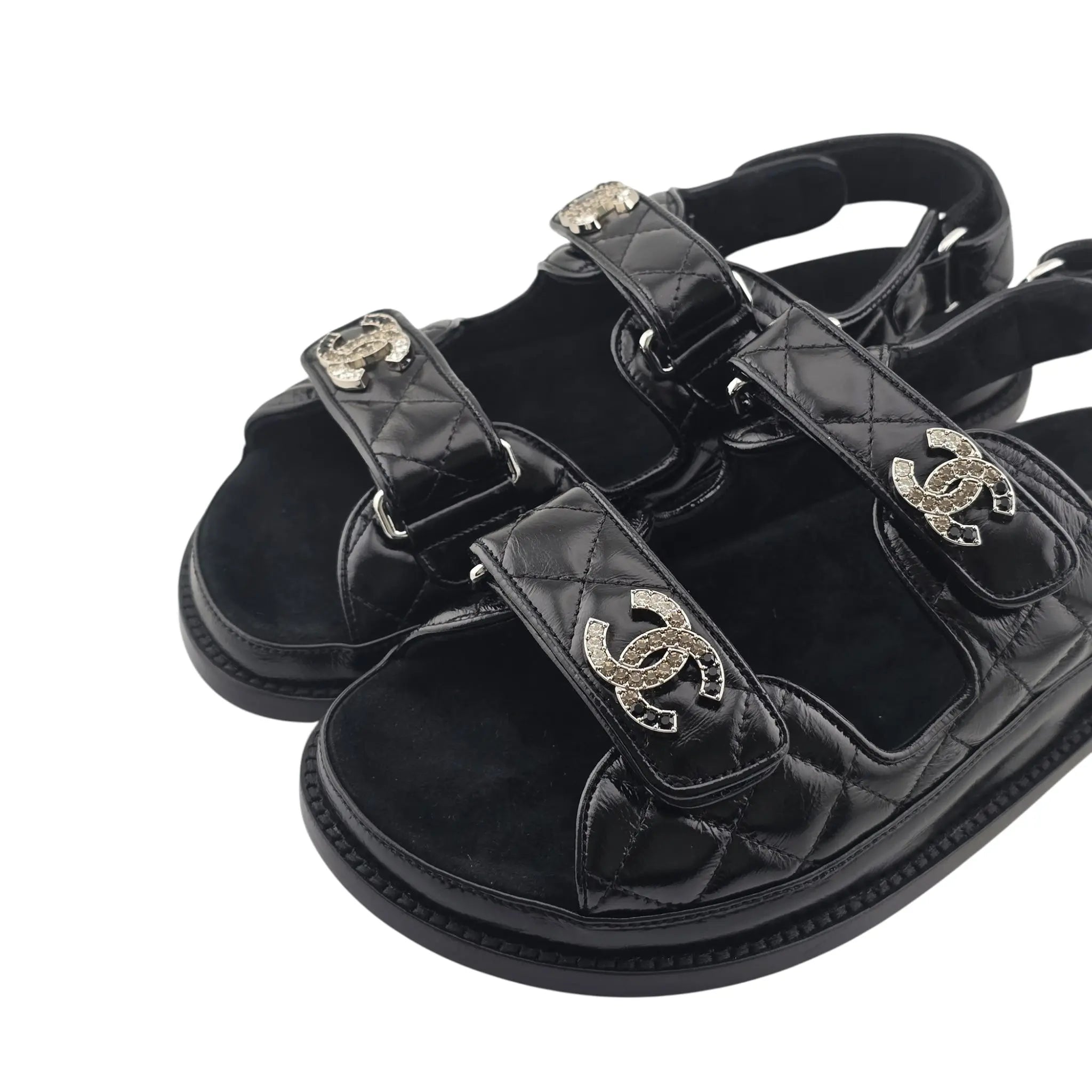 Chanel CC Dad Black Crystal Quilt Sandals 39 CHANEL