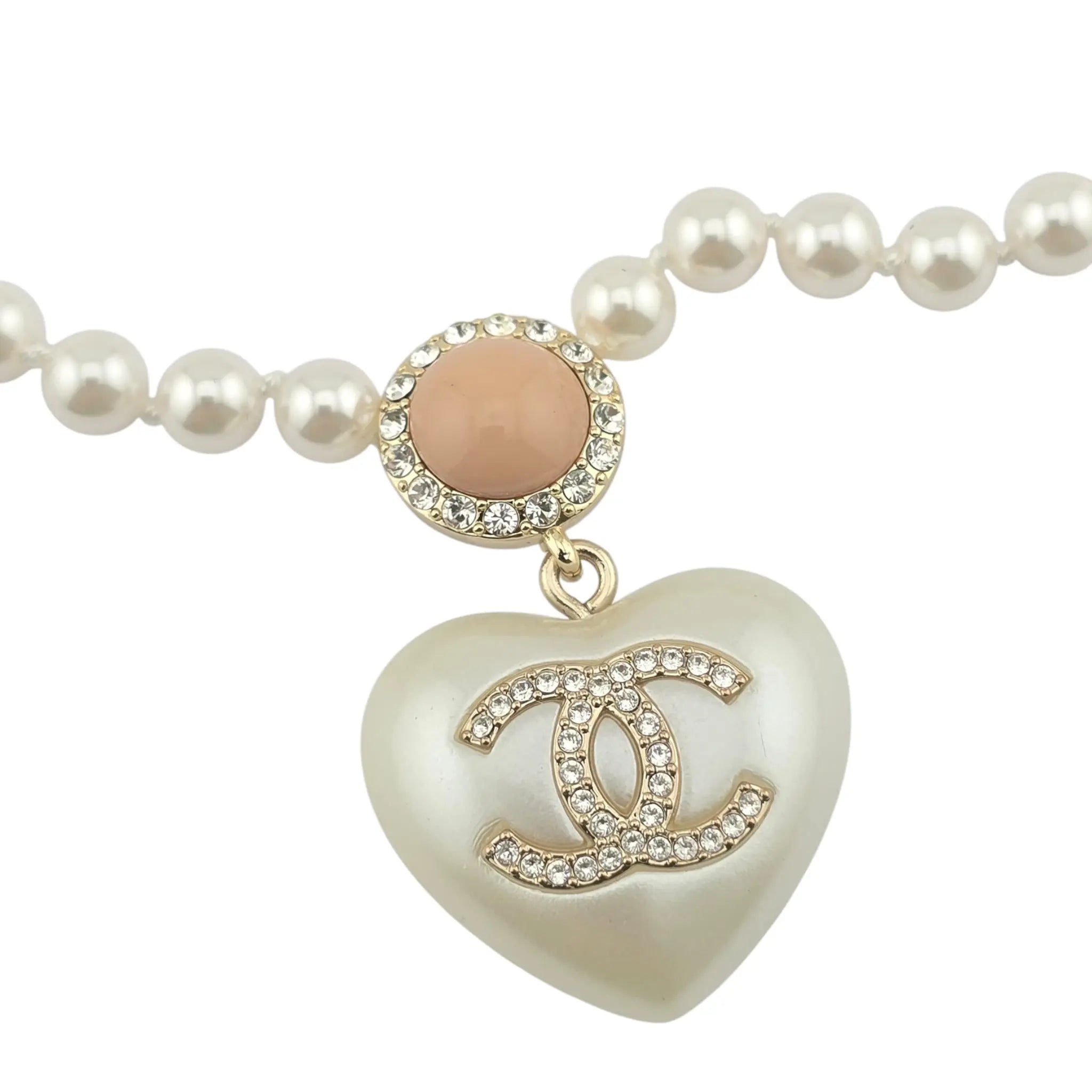 Chanel CC Pearl Crystal Heart Gold Short Necklace 2021 CHANEL