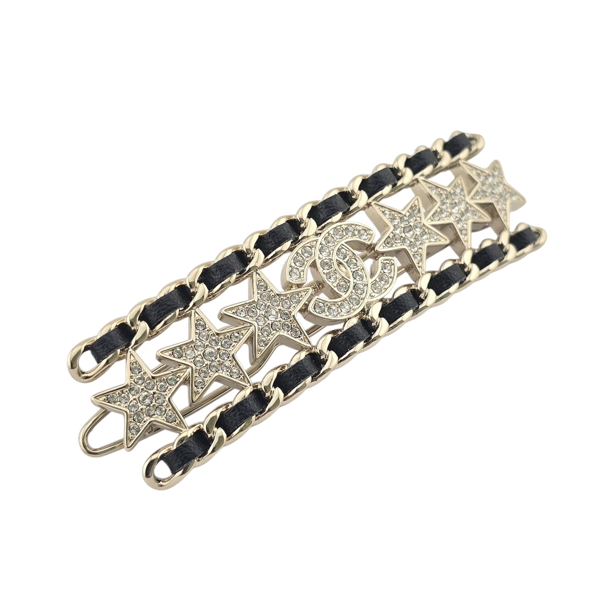 Chanel CC Black Leather Crystal Hair Barrette Clip B23