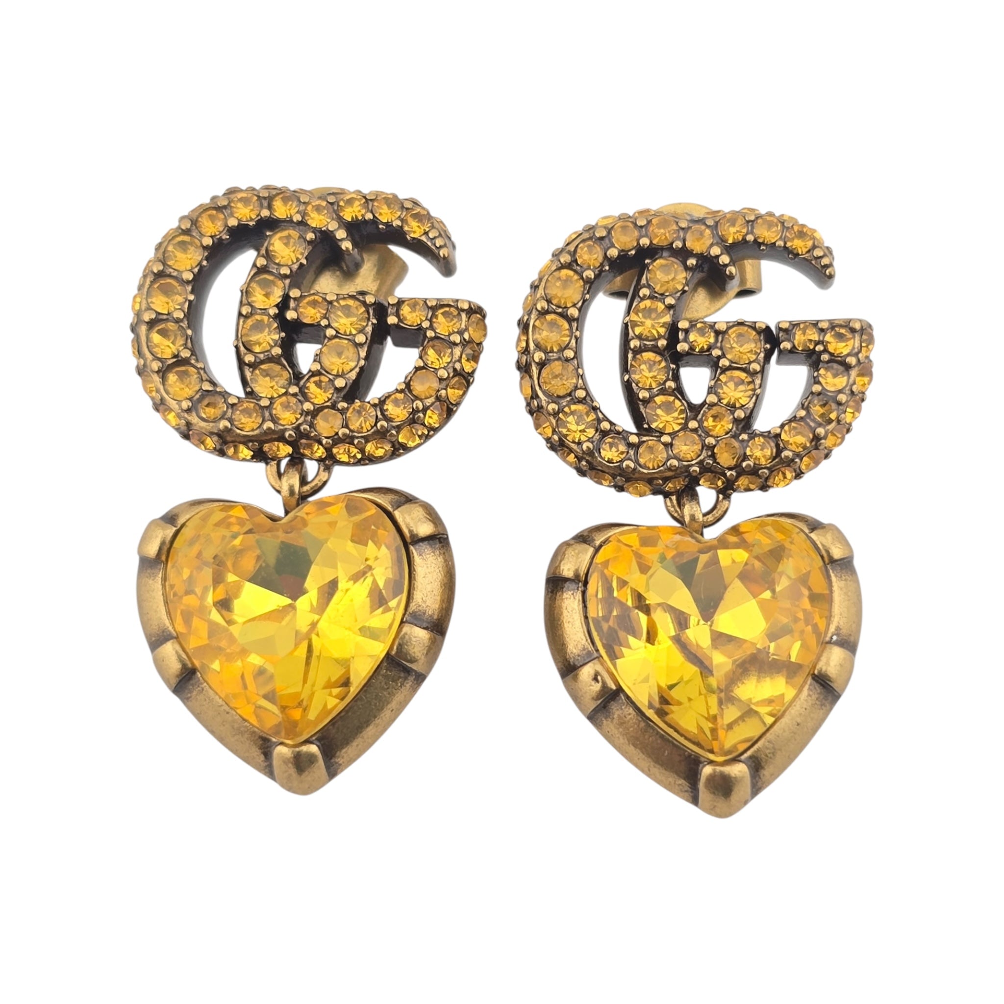 GUCCI GG Yellow Heart Crystal Drop Earrings
