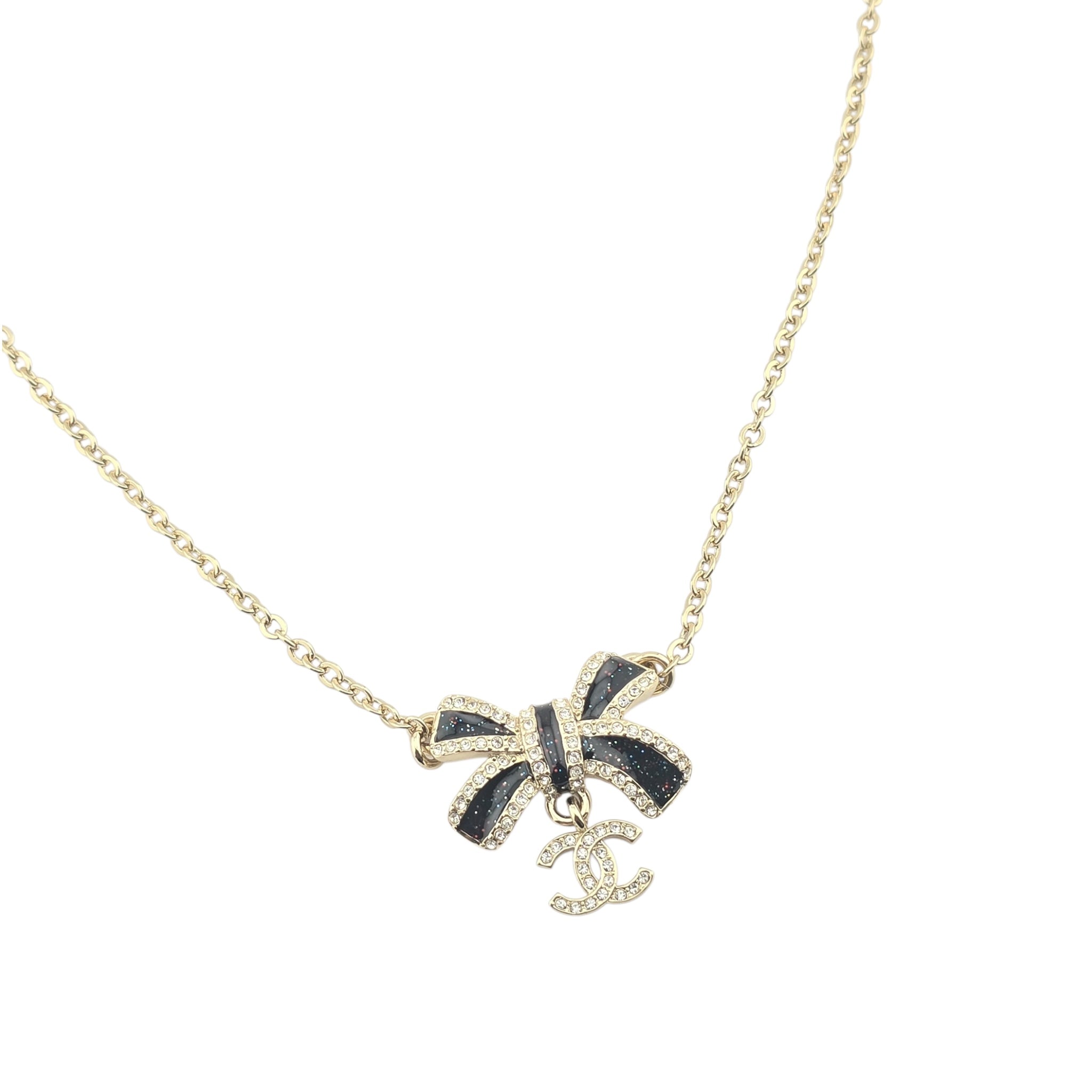 Chanel CC Gold Crystal Enamel Bow Necklace 2025