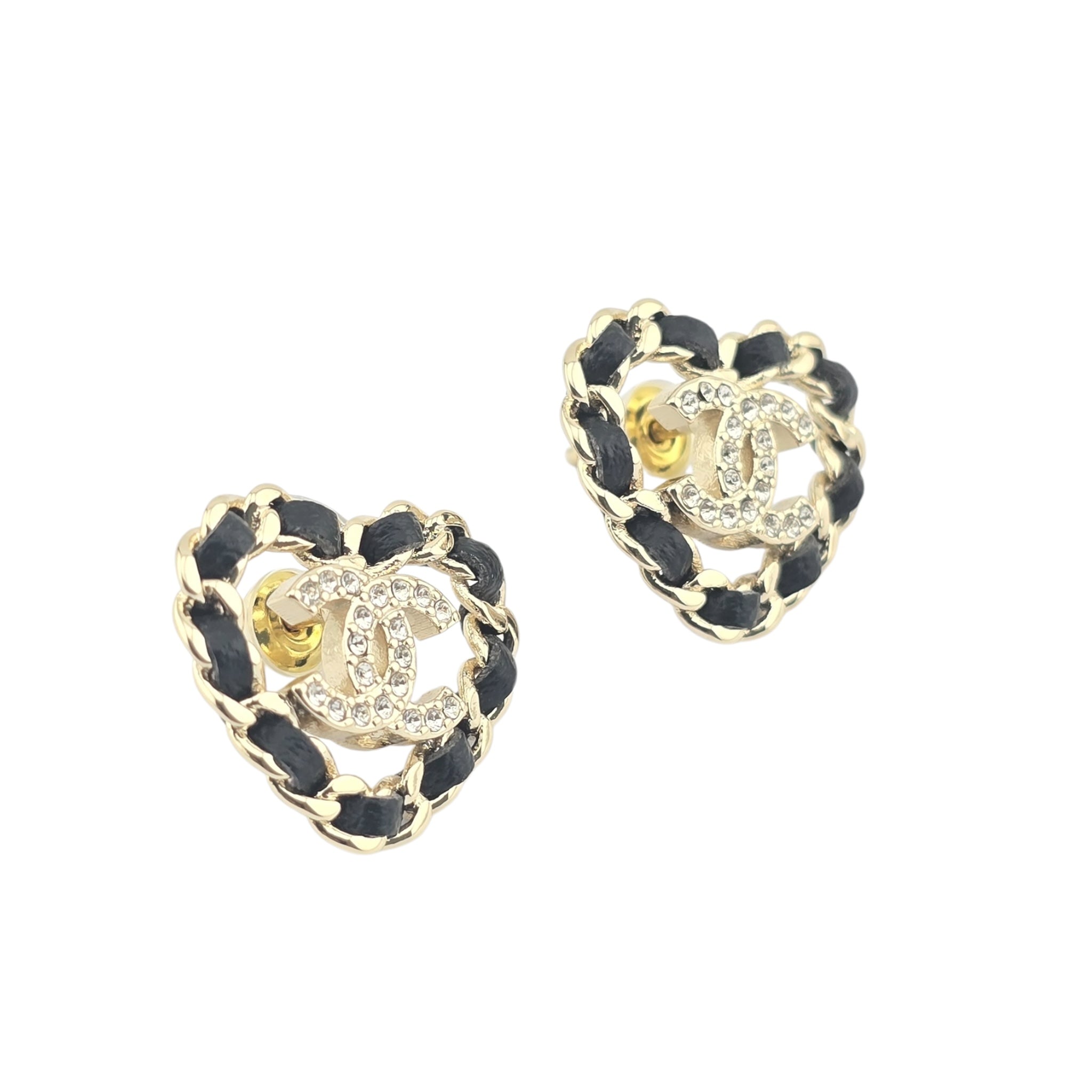 Chanel CC Black Gold Heart Stud Earrings A25