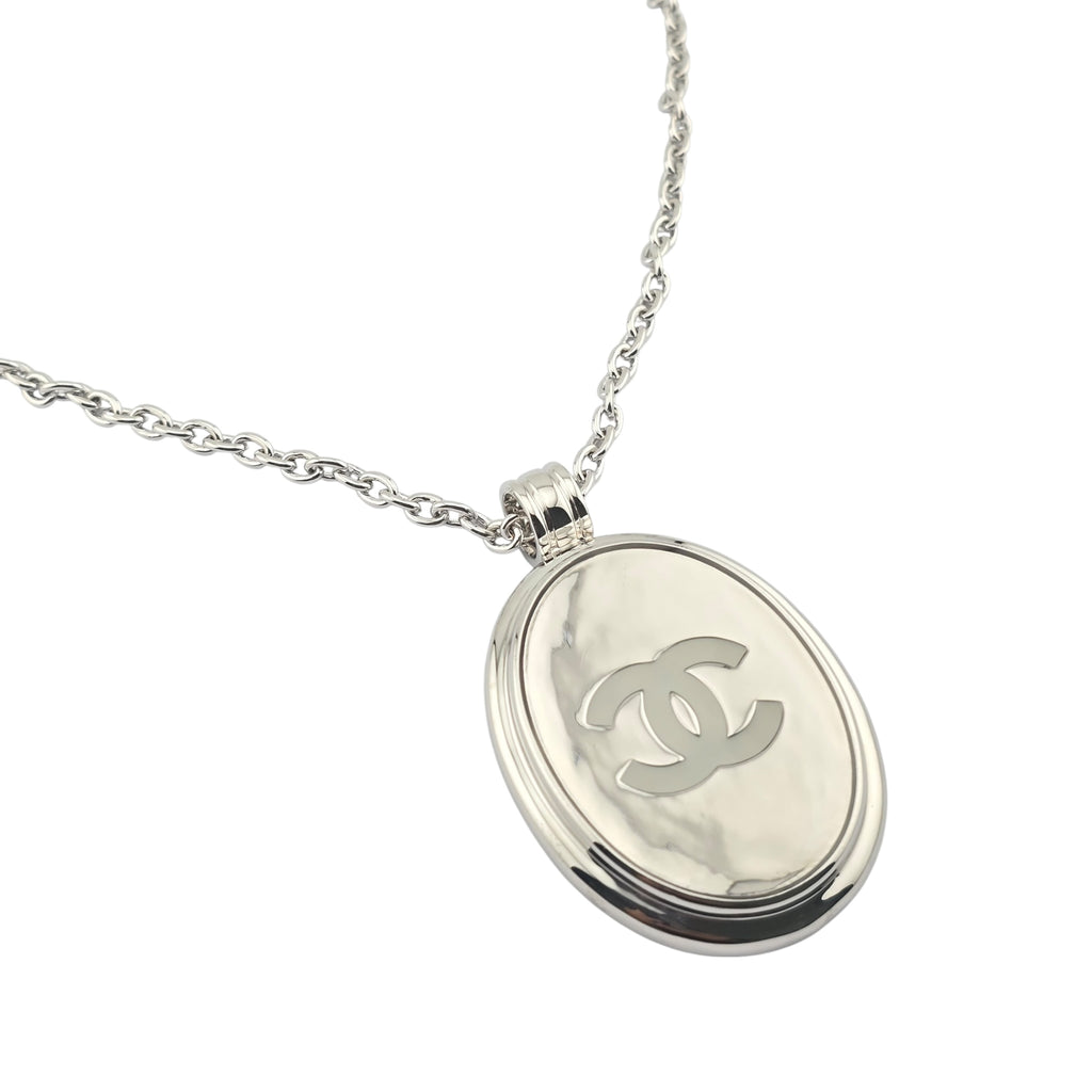 Chanel CC Silver Oval Pendant Necklace 2025