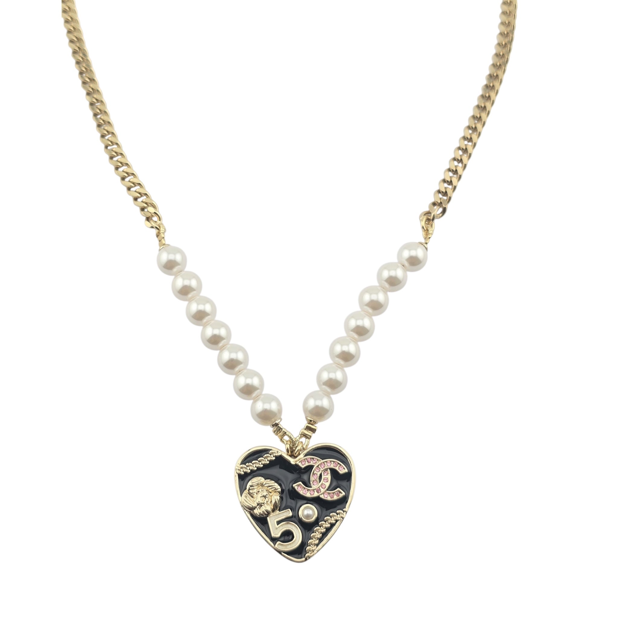 Chanel CC Black Enamel Heart Necklace 2024