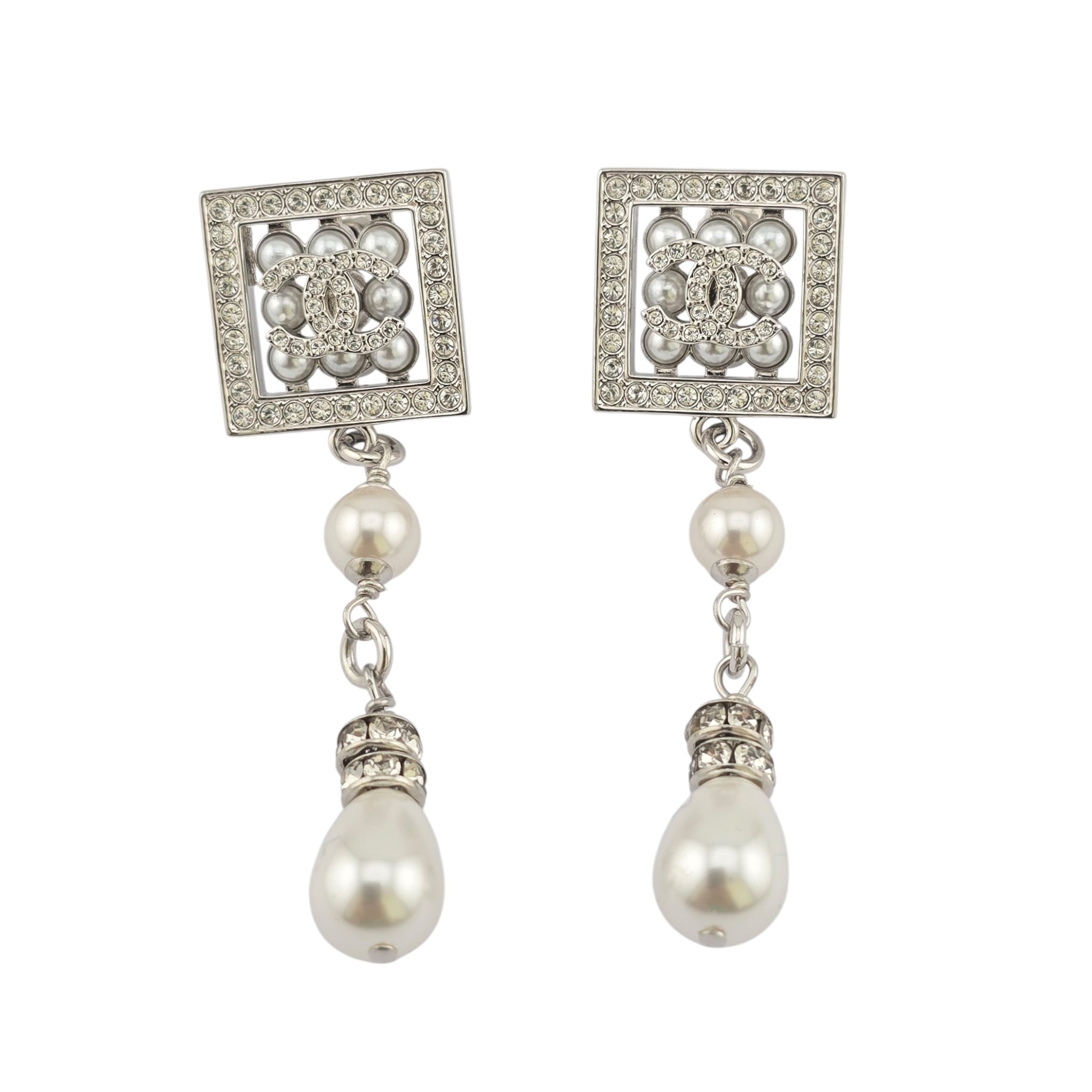Chanel CC Silver Faux Pearl Drop Earrings 2024